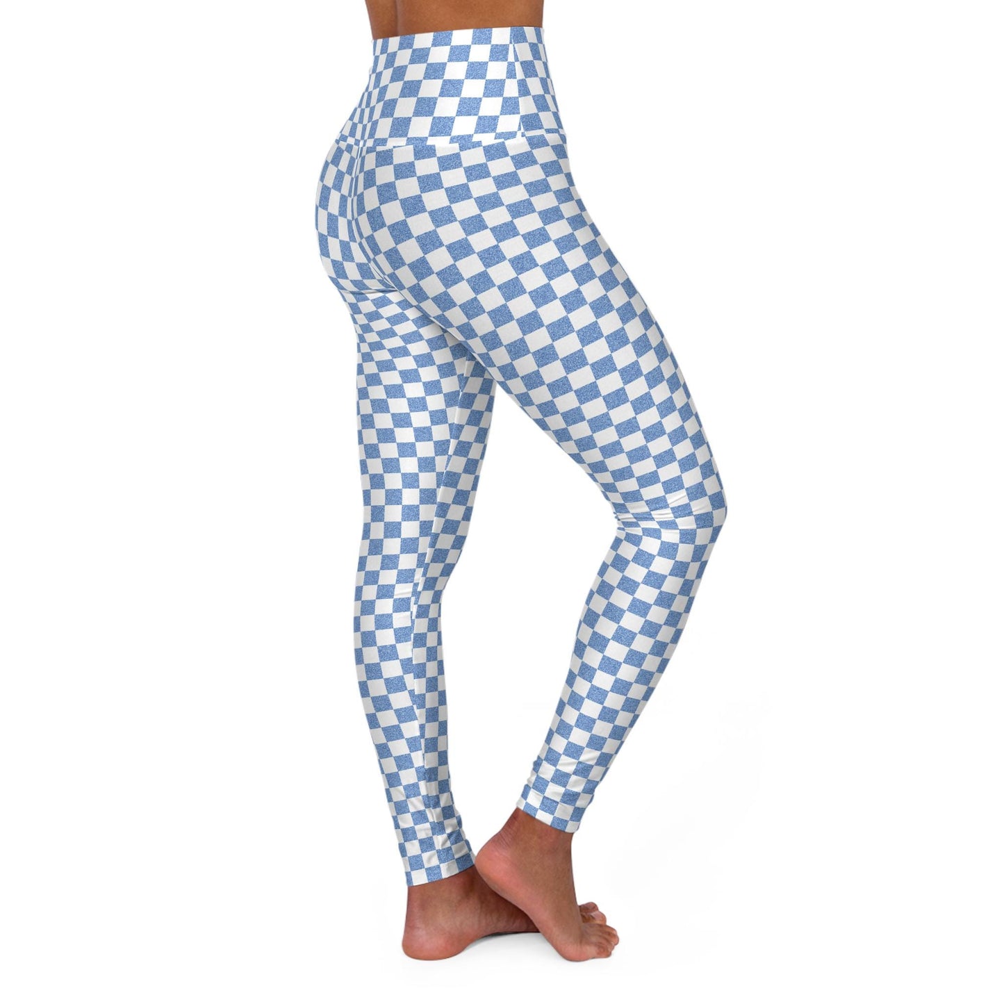 High Waisted Blue Checkered Yoga Leggings: Athletic Style