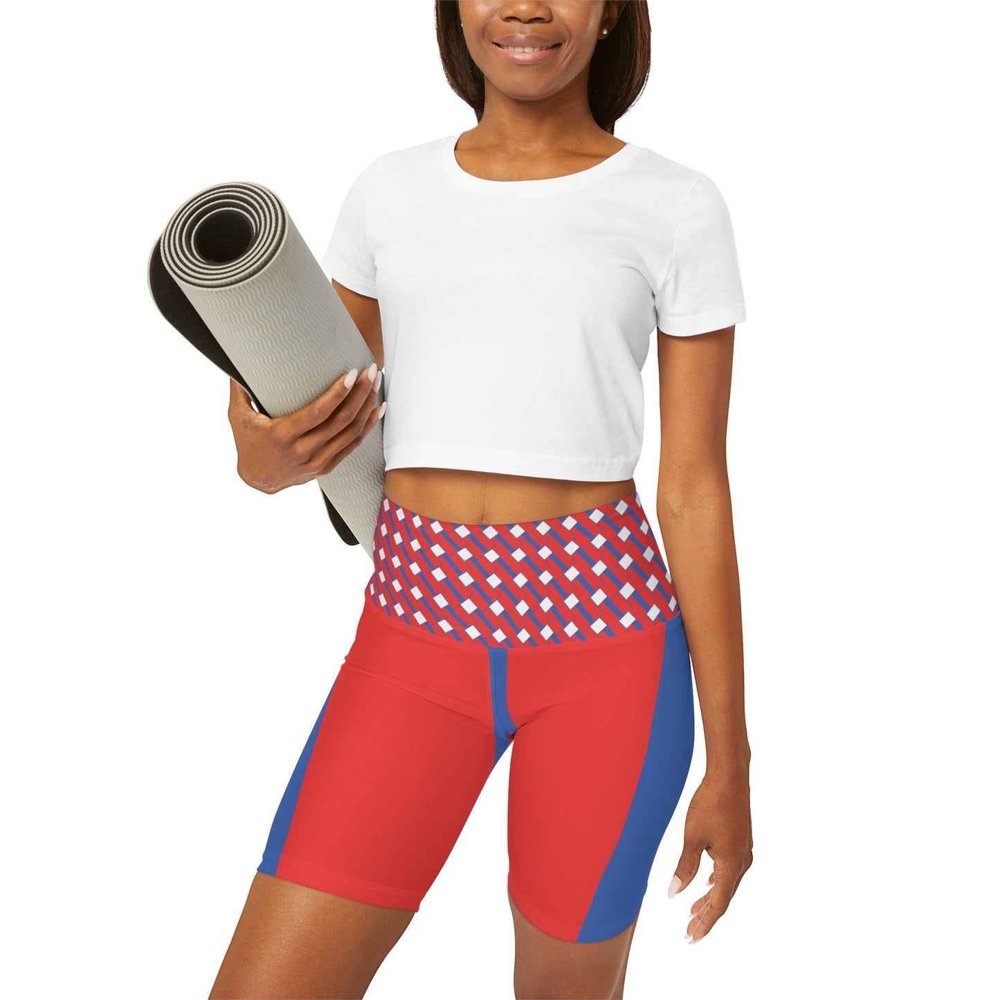 High Waisted Red White And Blue Yoga Shorts