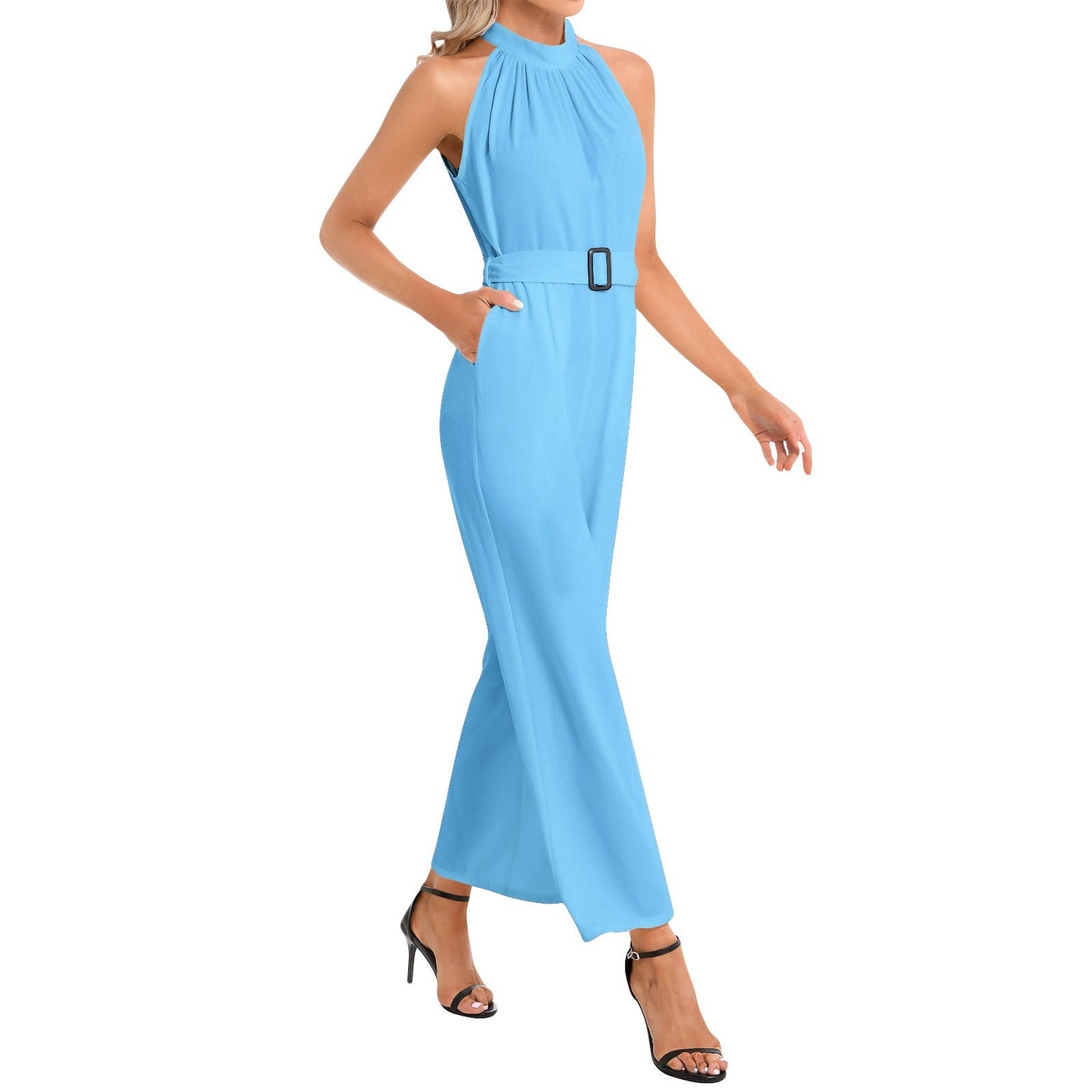 Halter Neck Buckle Belted Blue Jumpsuit