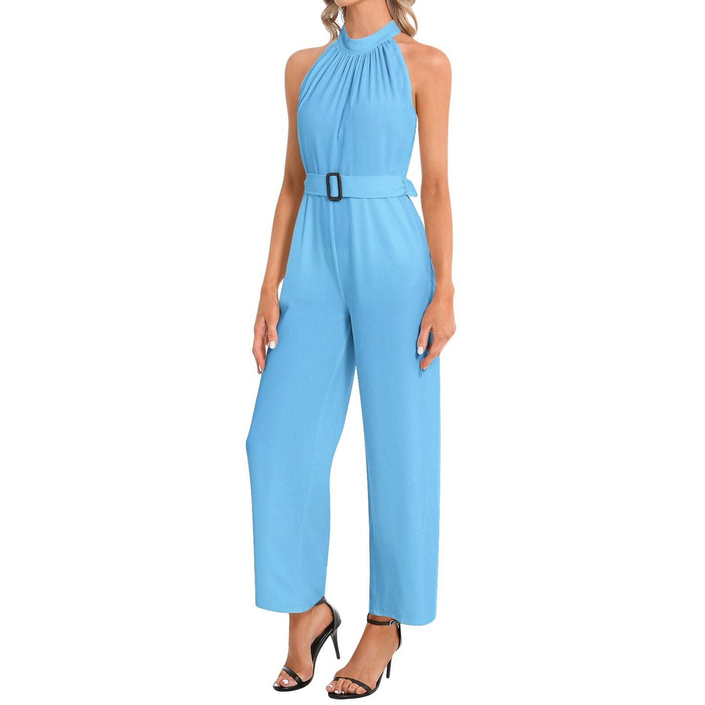 Halter Neck Buckle Belted Blue Jumpsuit
