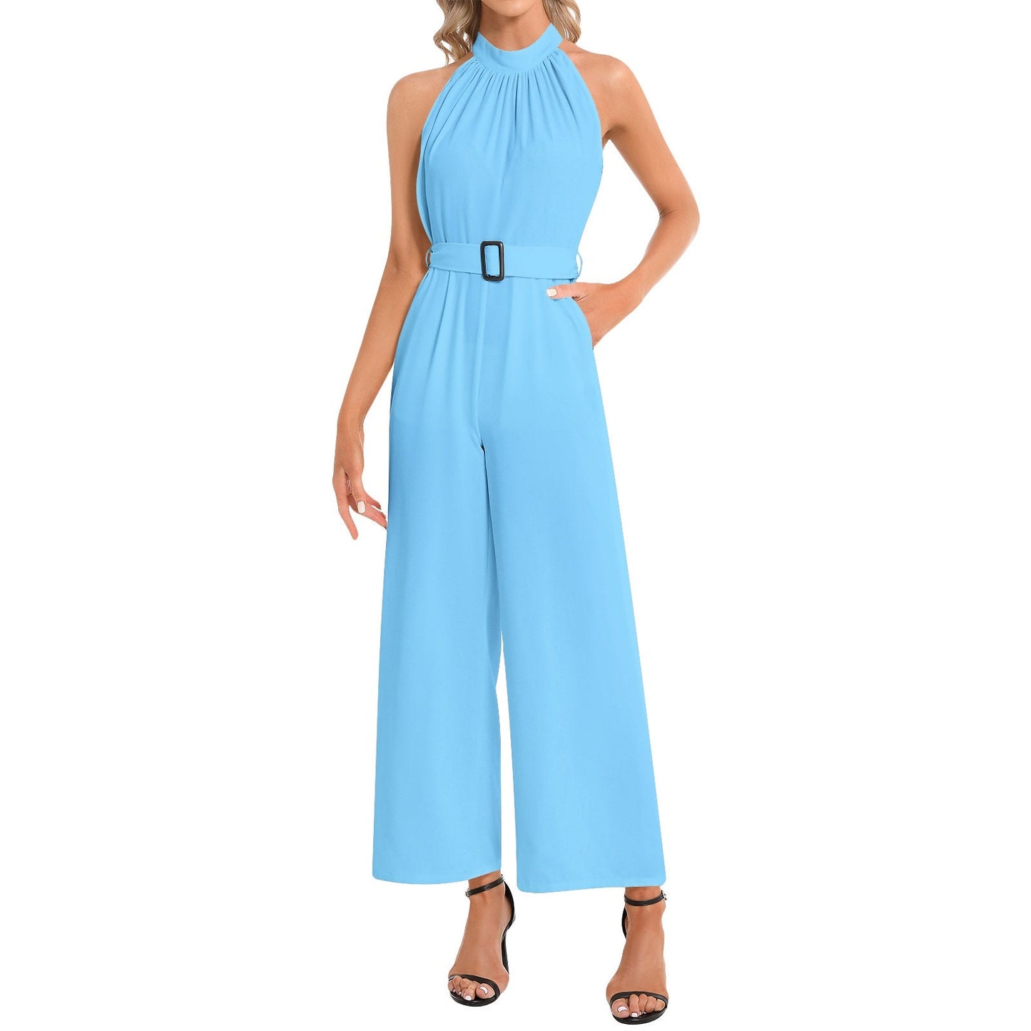 Halter Neck Buckle Belted Blue Jumpsuit
