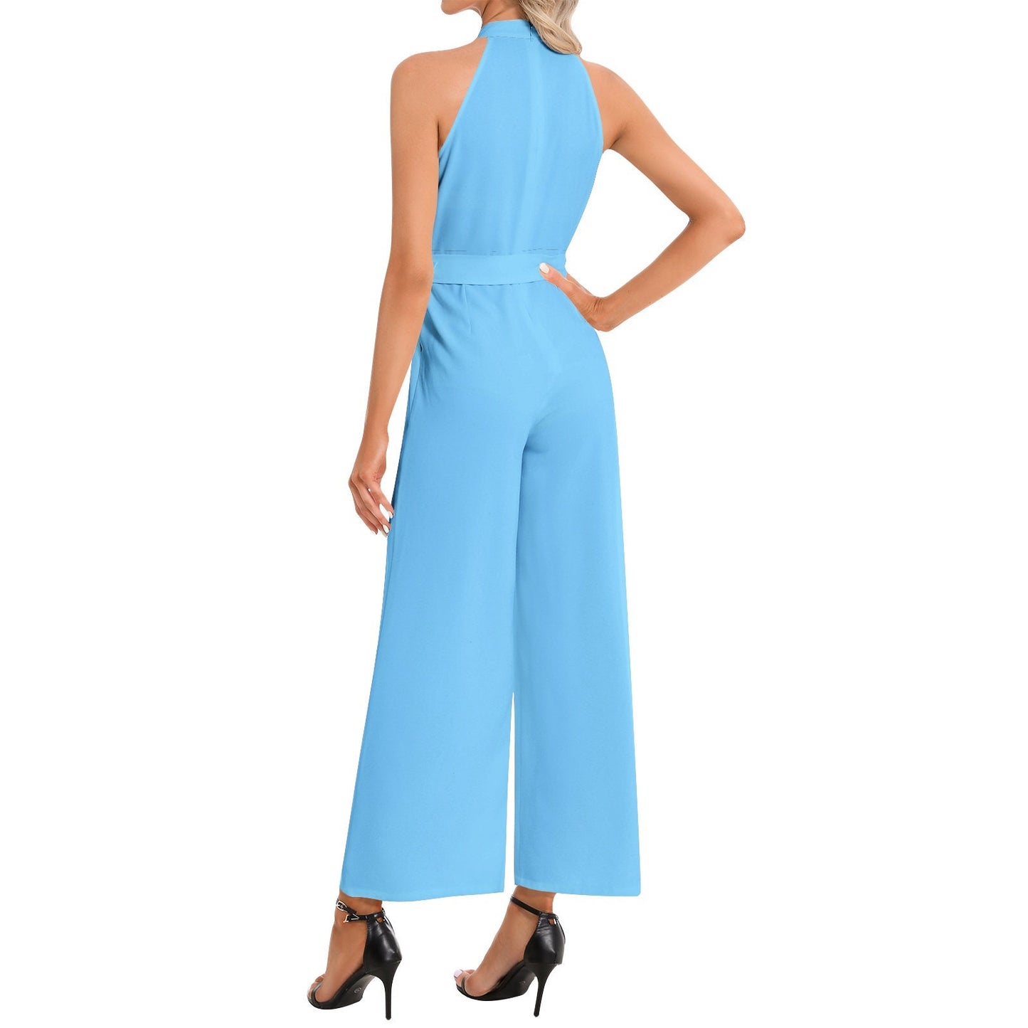 Halter Neck Buckle Belted Blue Jumpsuit