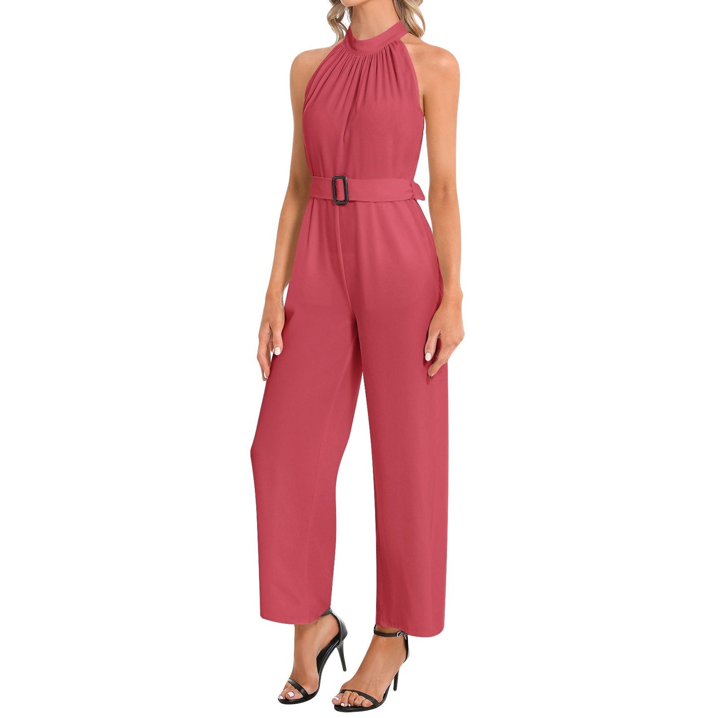 Halter Neck Buckle Belted Red Jumpsuit