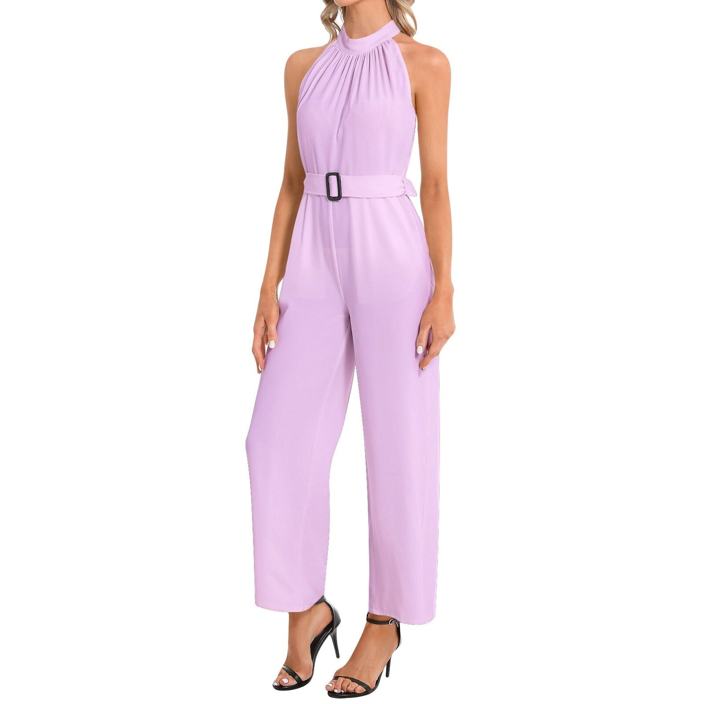 Halter Neck Buckle Belted Pink Jumpsuit