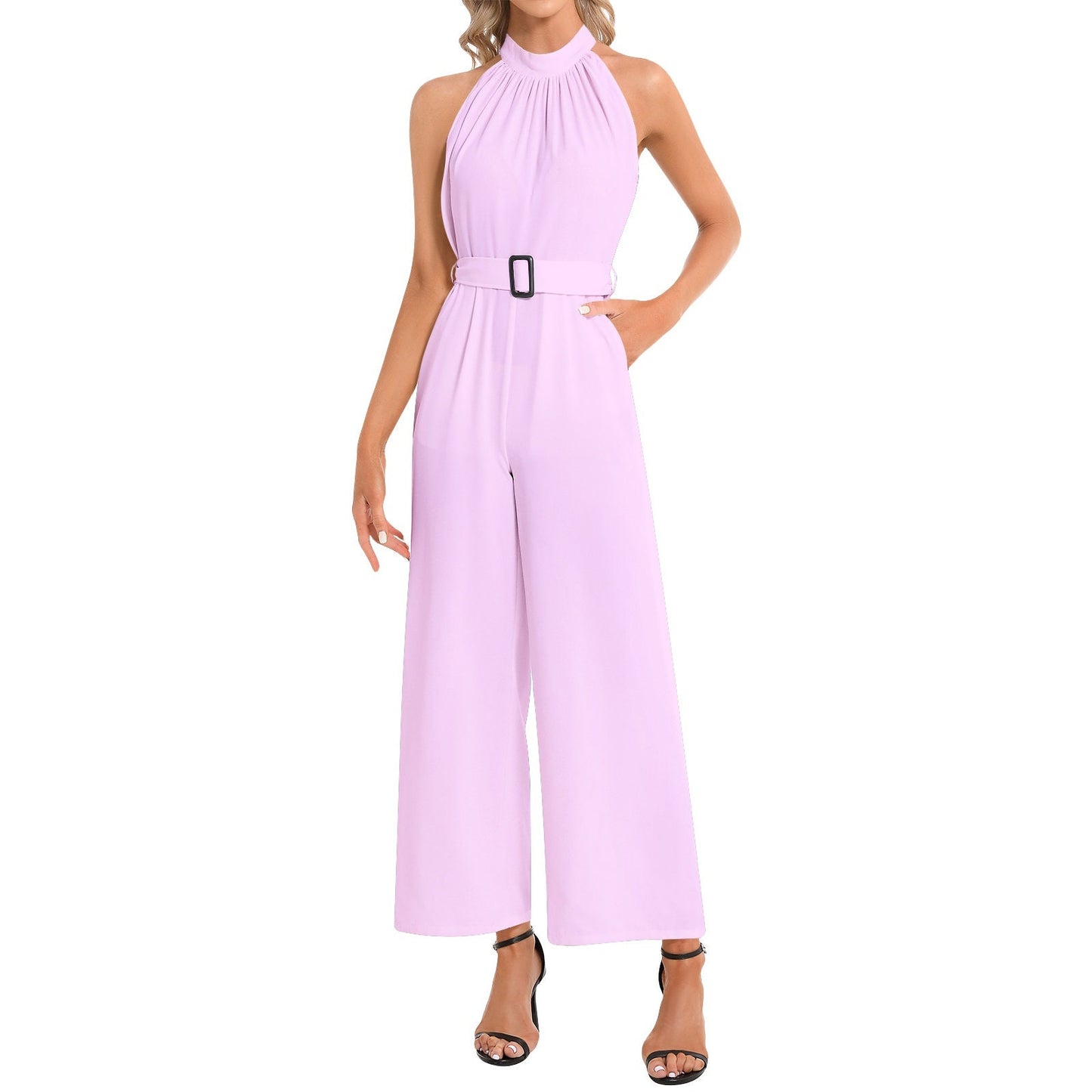 Halter Neck Buckle Belted Pink Jumpsuit