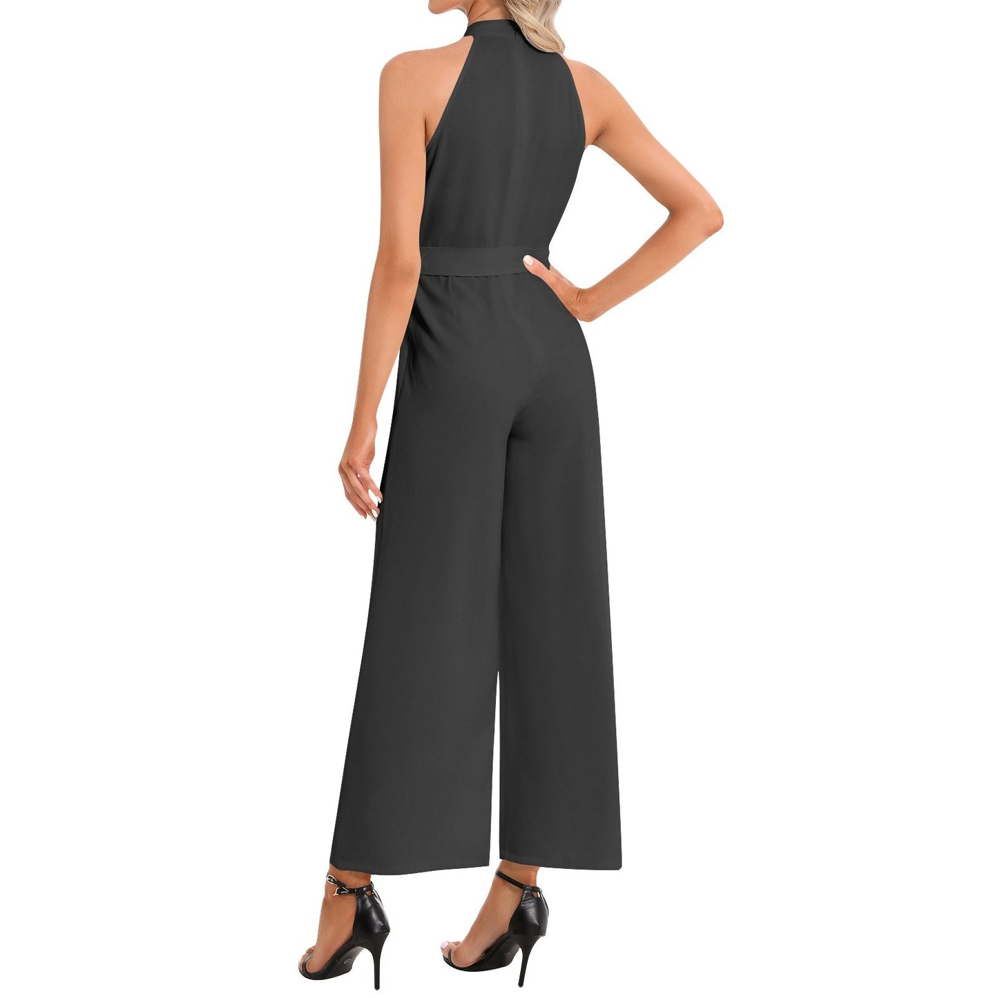 Halter Neck Buckle Belted Black Jumpsuit