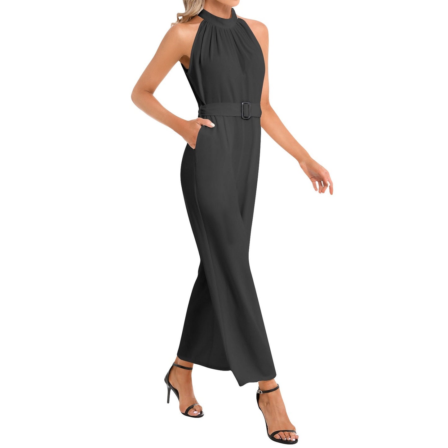 Halter Neck Buckle Belted Black Jumpsuit