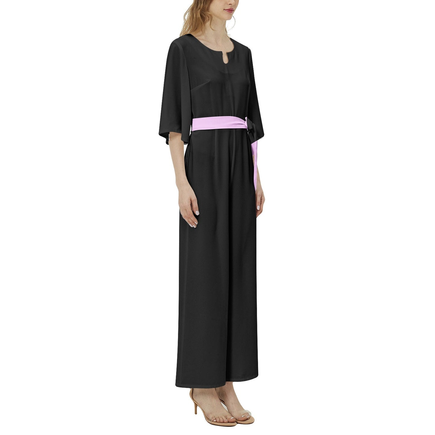 Dolman Sleeve Belted Wide Leg Black Jumpsuits