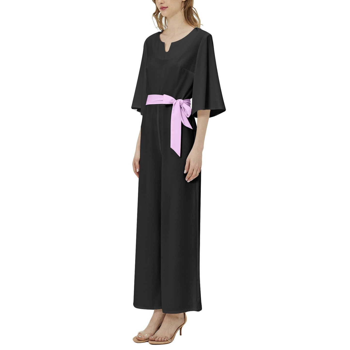 Dolman Sleeve Belted Wide Leg Black Jumpsuits