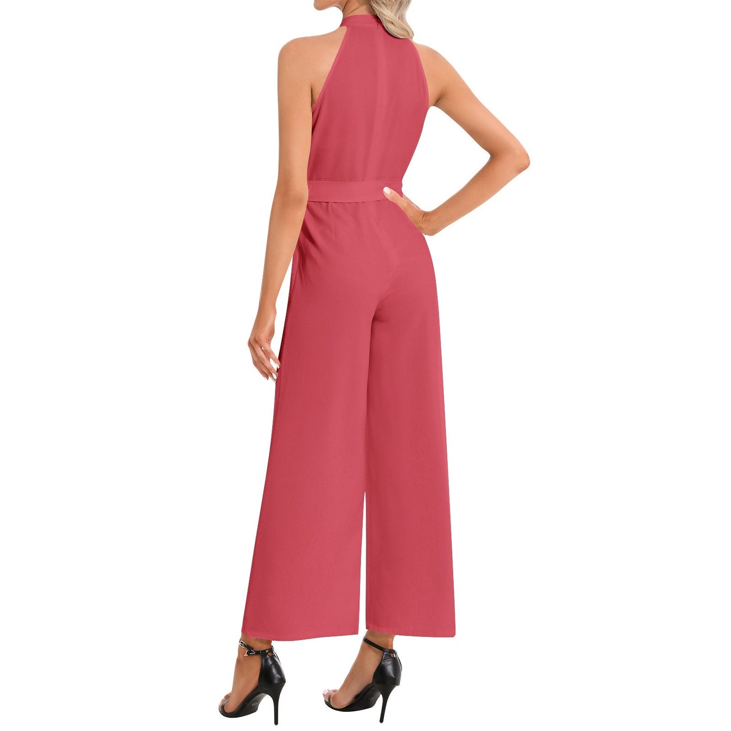 Halter Neck Buckle Belted Red Jumpsuit