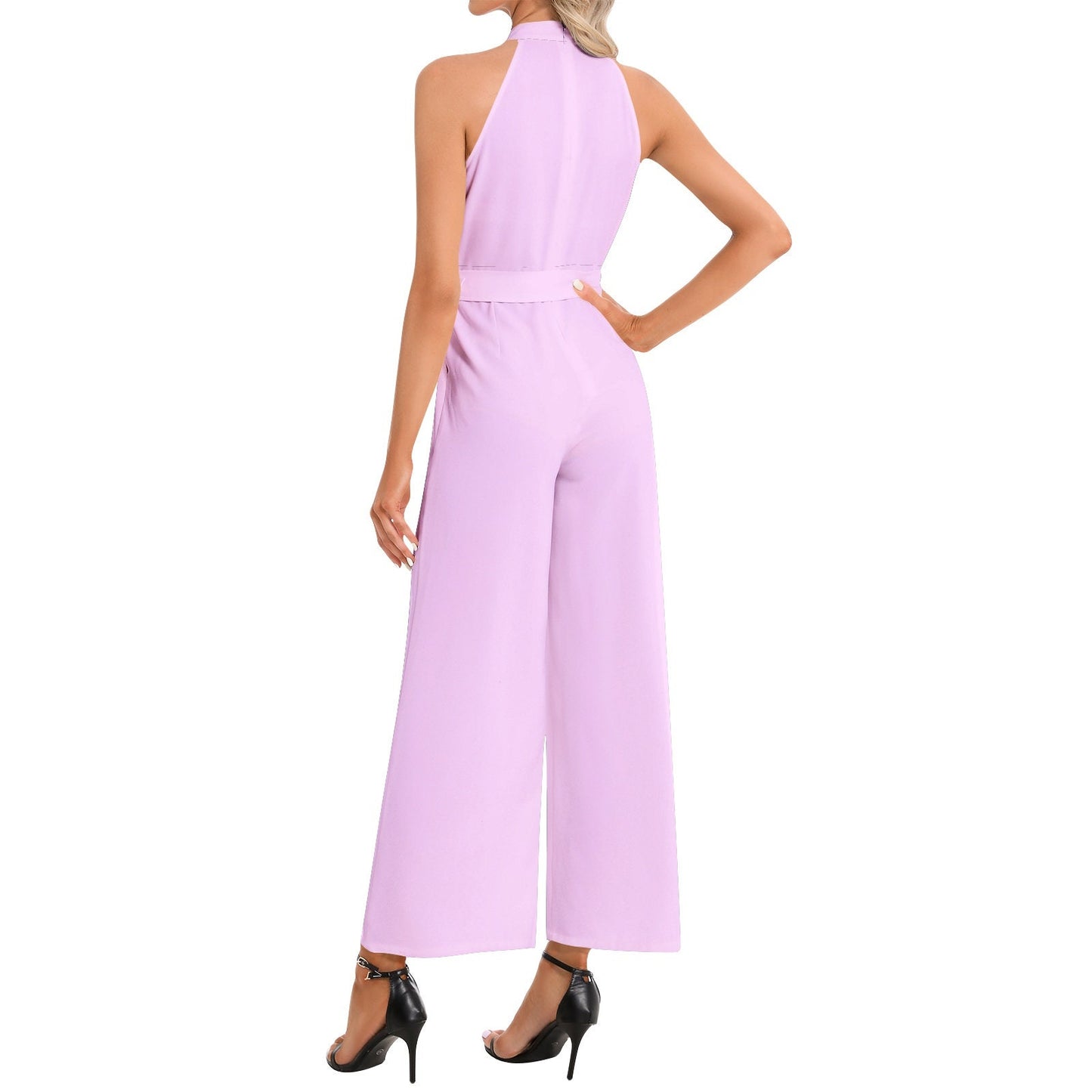 Halter Neck Buckle Belted Pink Jumpsuit