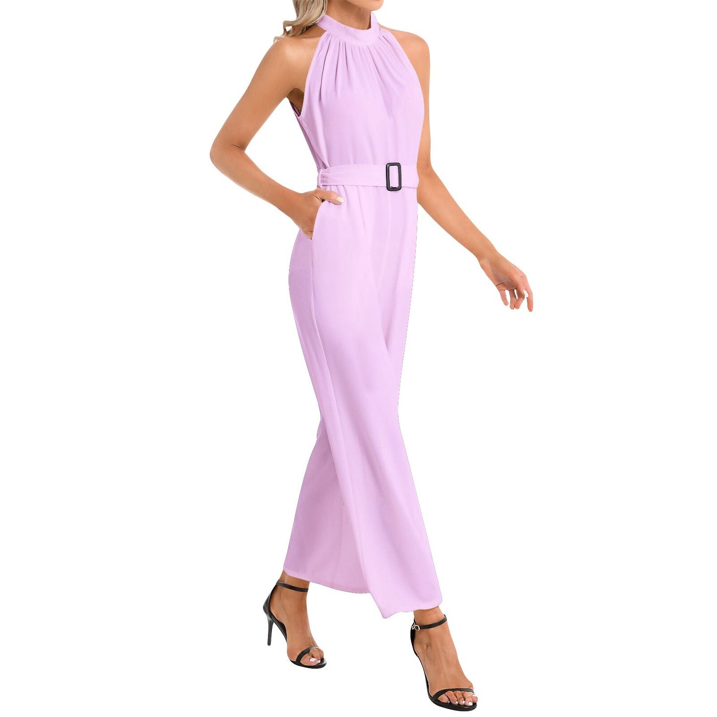 Halter Neck Buckle Belted Pink Jumpsuit