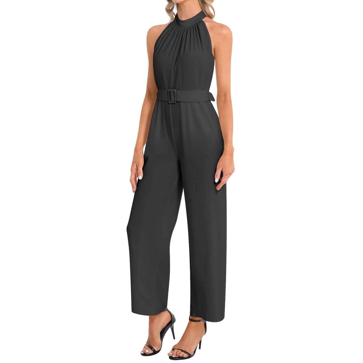 Halter Neck Buckle Belted Black Jumpsuit