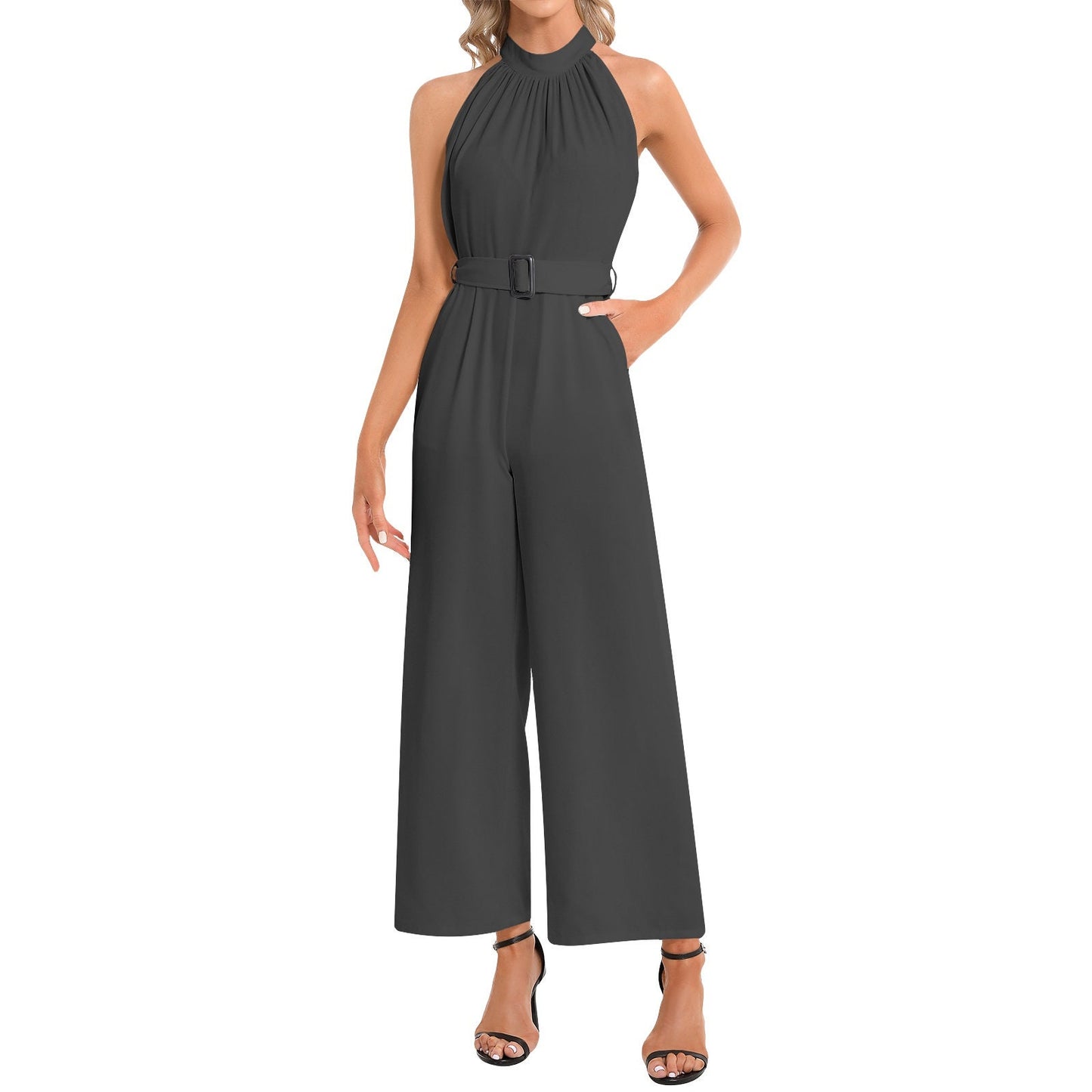 Halter Neck Buckle Belted Black Jumpsuit