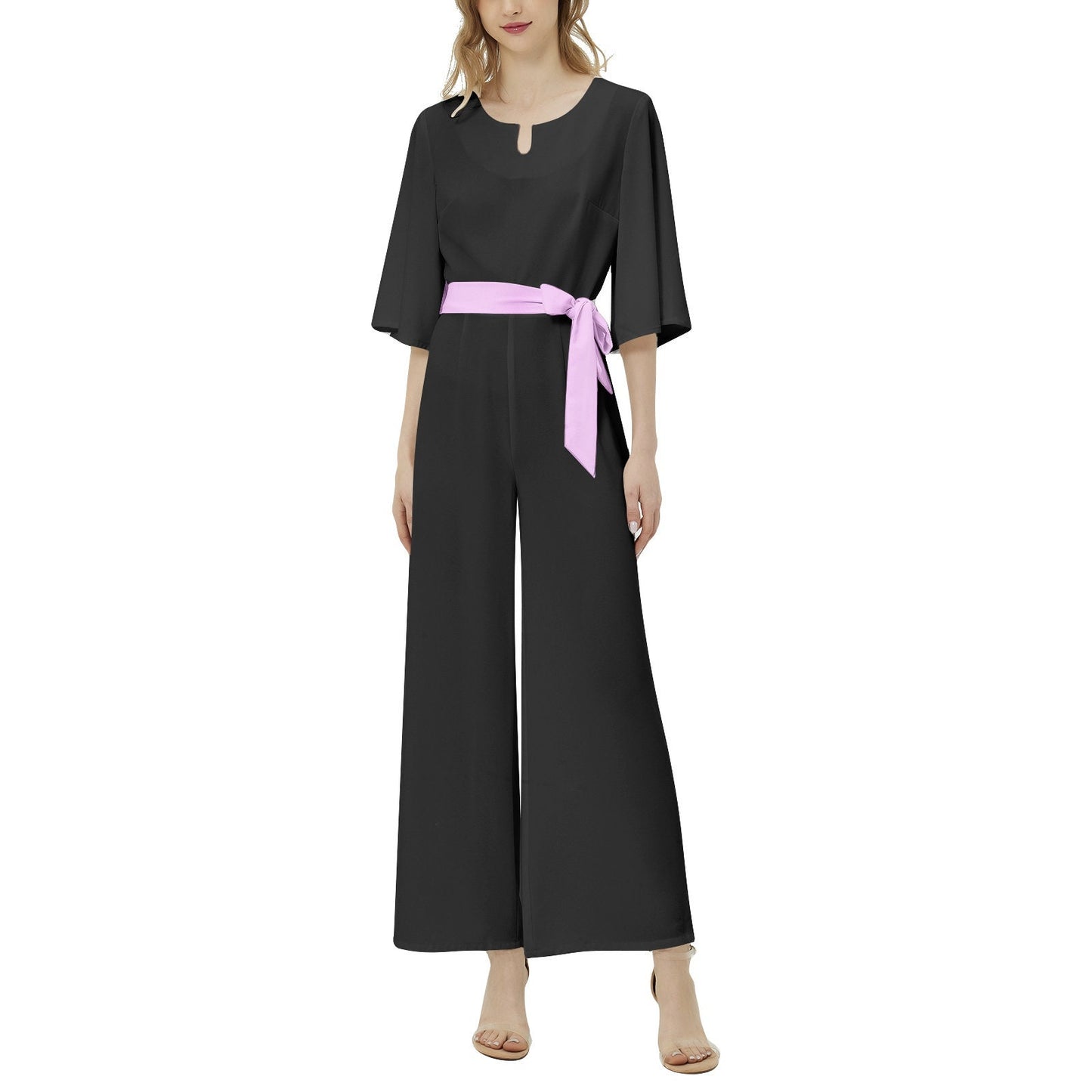 Dolman Sleeve Belted Wide Leg Black Jumpsuits