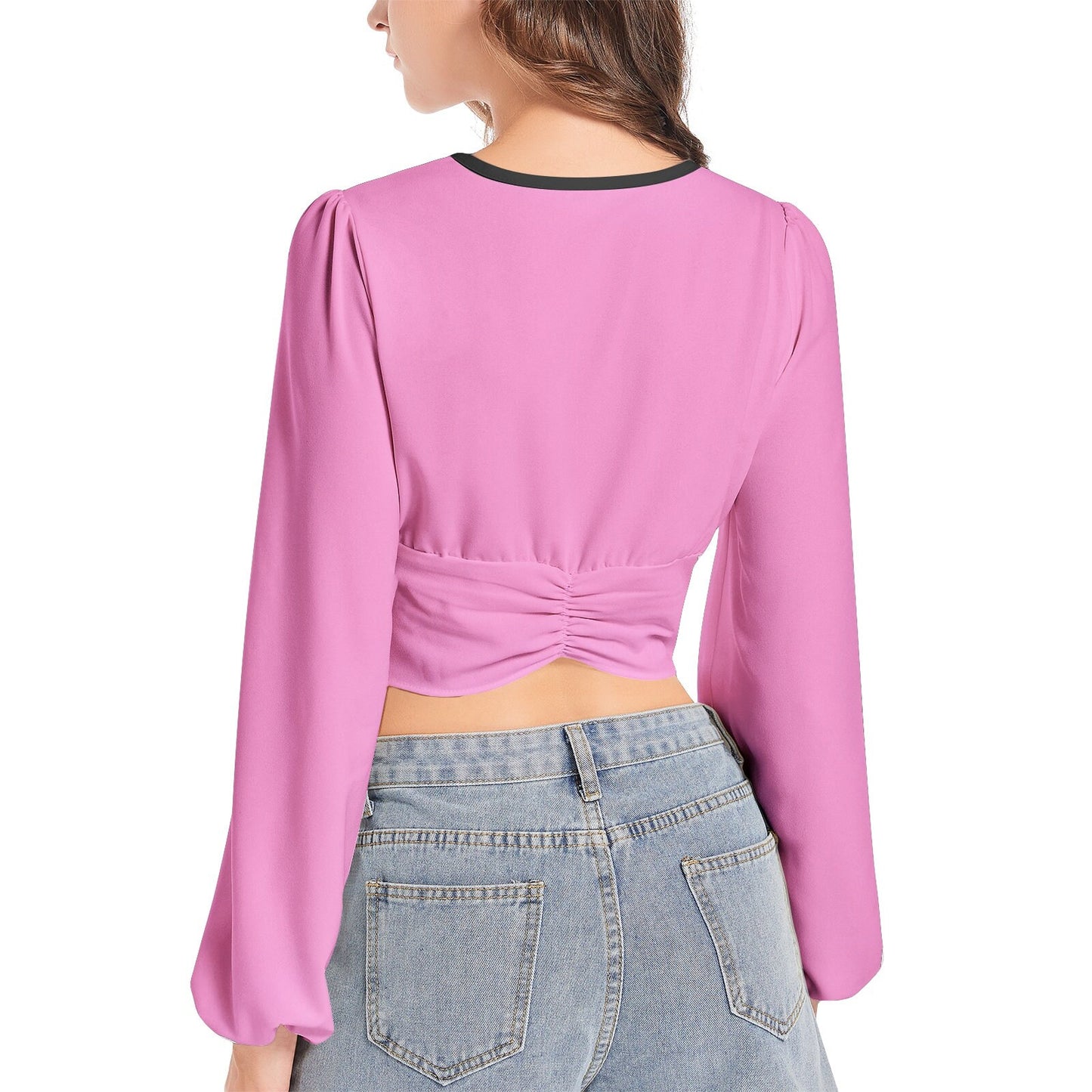 Women's Deep V-Neck Lantern Sleeve Crop Top