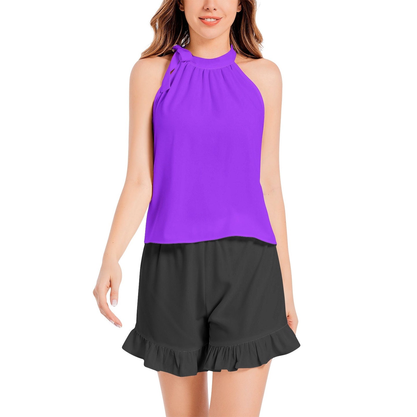 Tie Neck Halter Top and Ruffle Hem Short Set