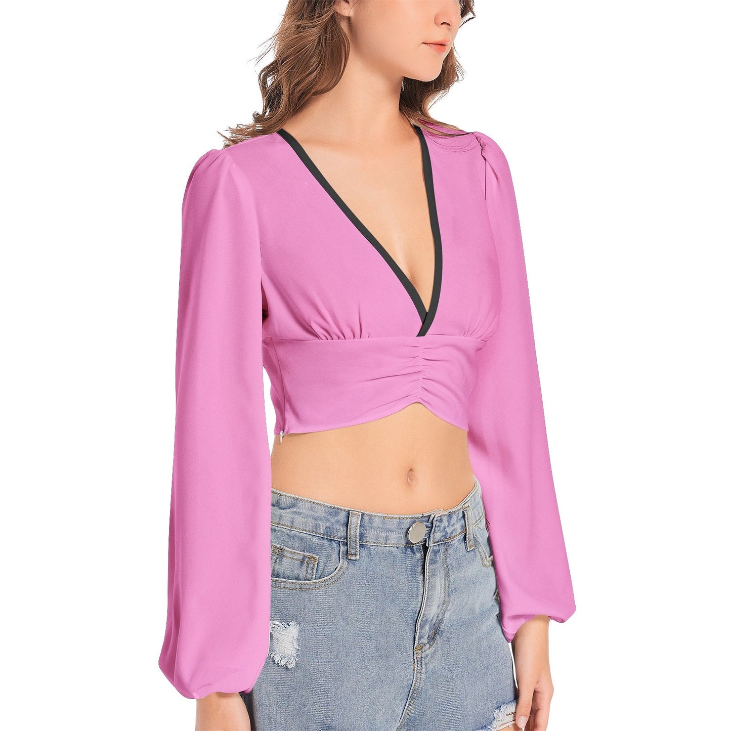 Women's Deep V-Neck Lantern Sleeve Crop Top