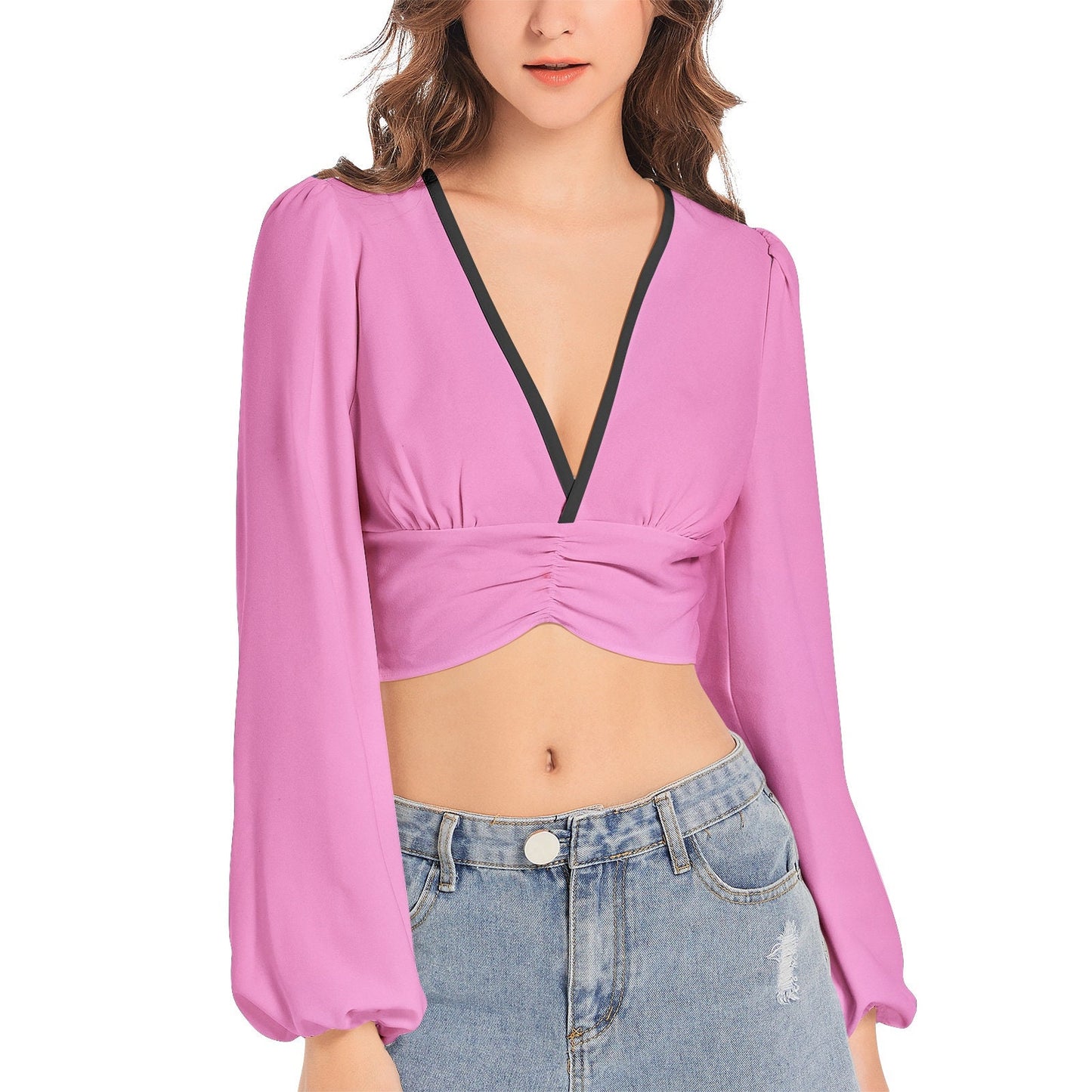 Women's Deep V-Neck Lantern Sleeve Crop Top