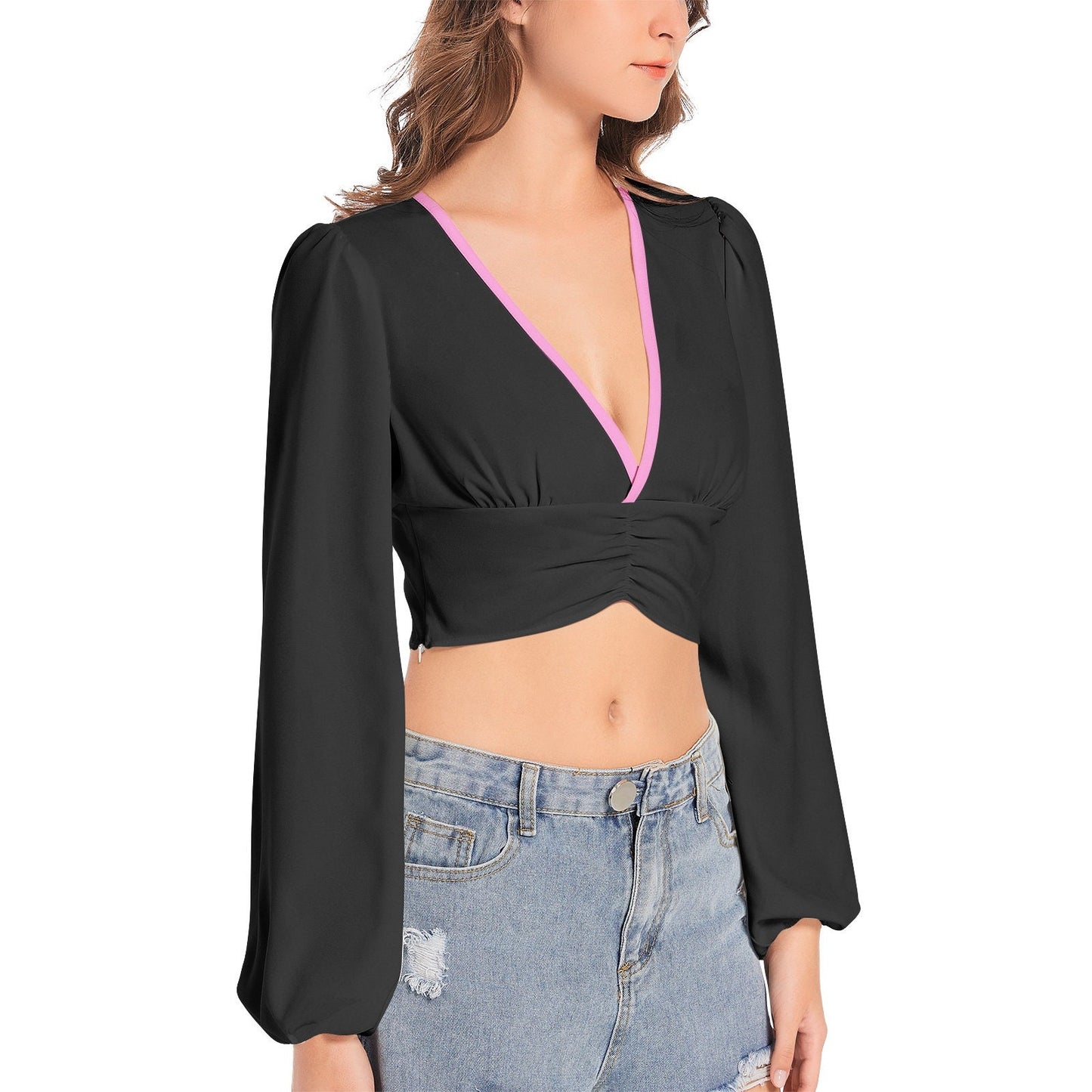 Women's Deep V-Neck Lantern Sleeve Crop Top