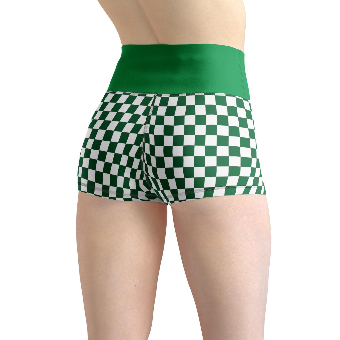 Green Checkered Yoga Shorts: Women's Spandex Blend