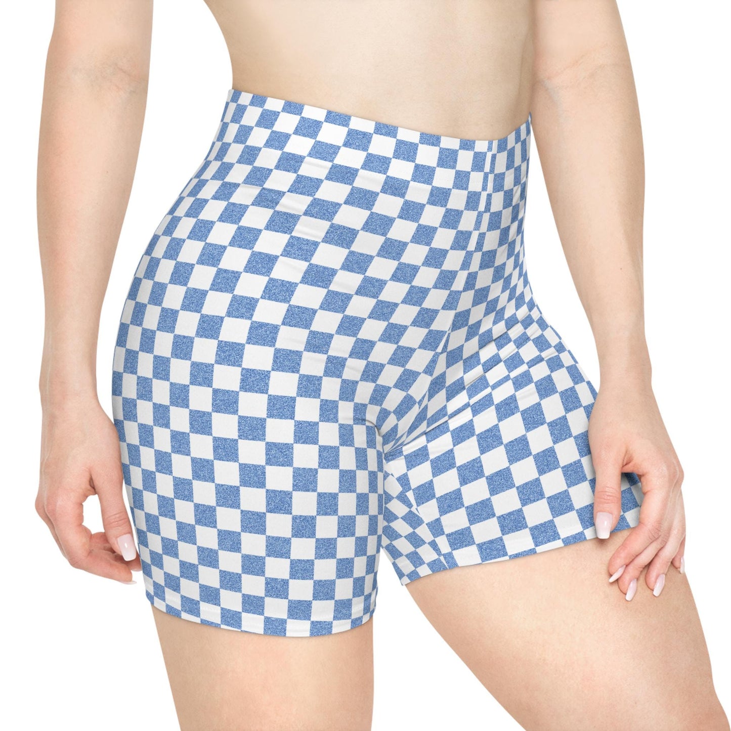 Blue Checkered Biker Shorts: Women's Athleisure Workout Shorts