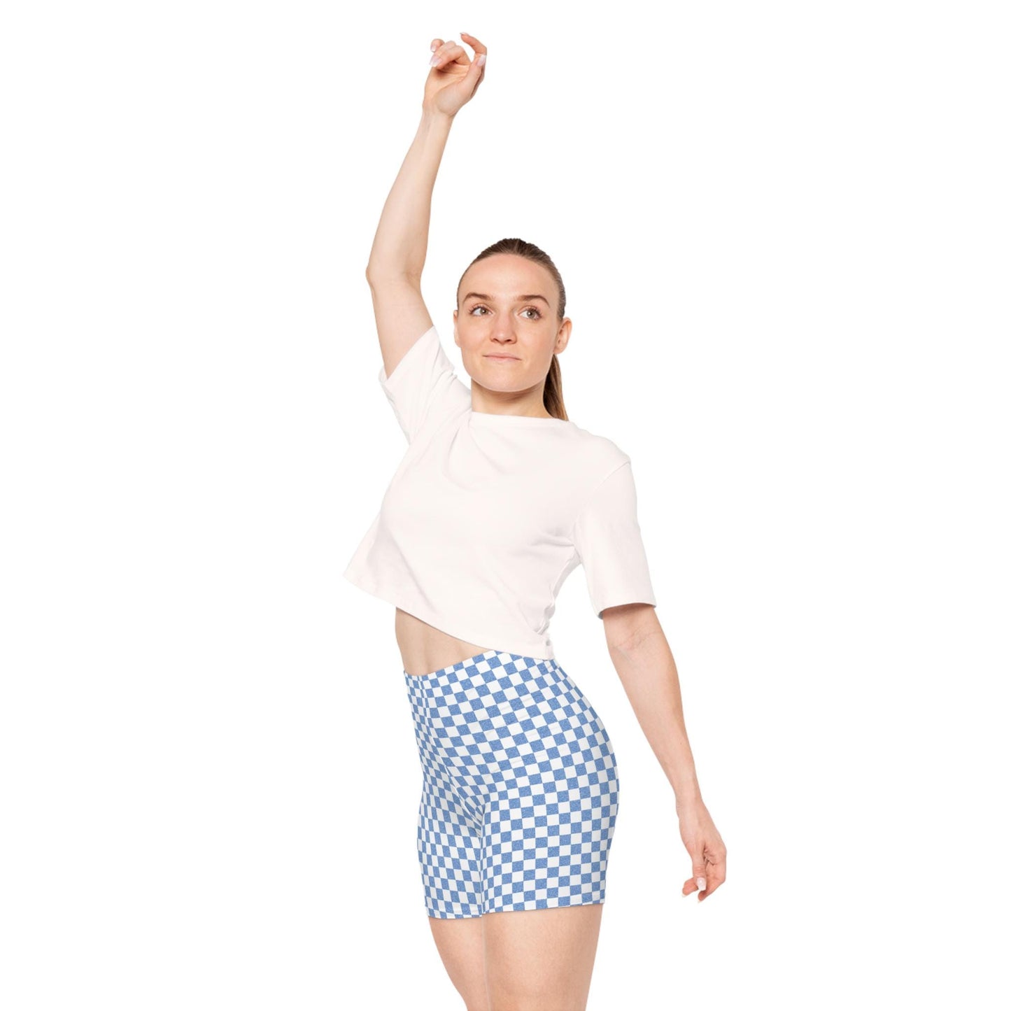 Blue Checkered Biker Shorts: Women's Athleisure Workout Shorts