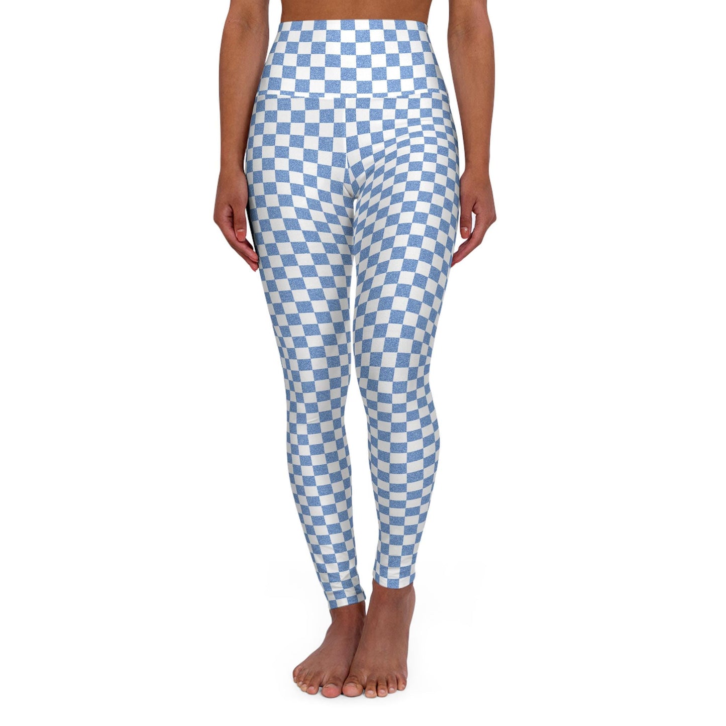 High Waisted Blue Checkered Yoga Leggings: Athletic Style