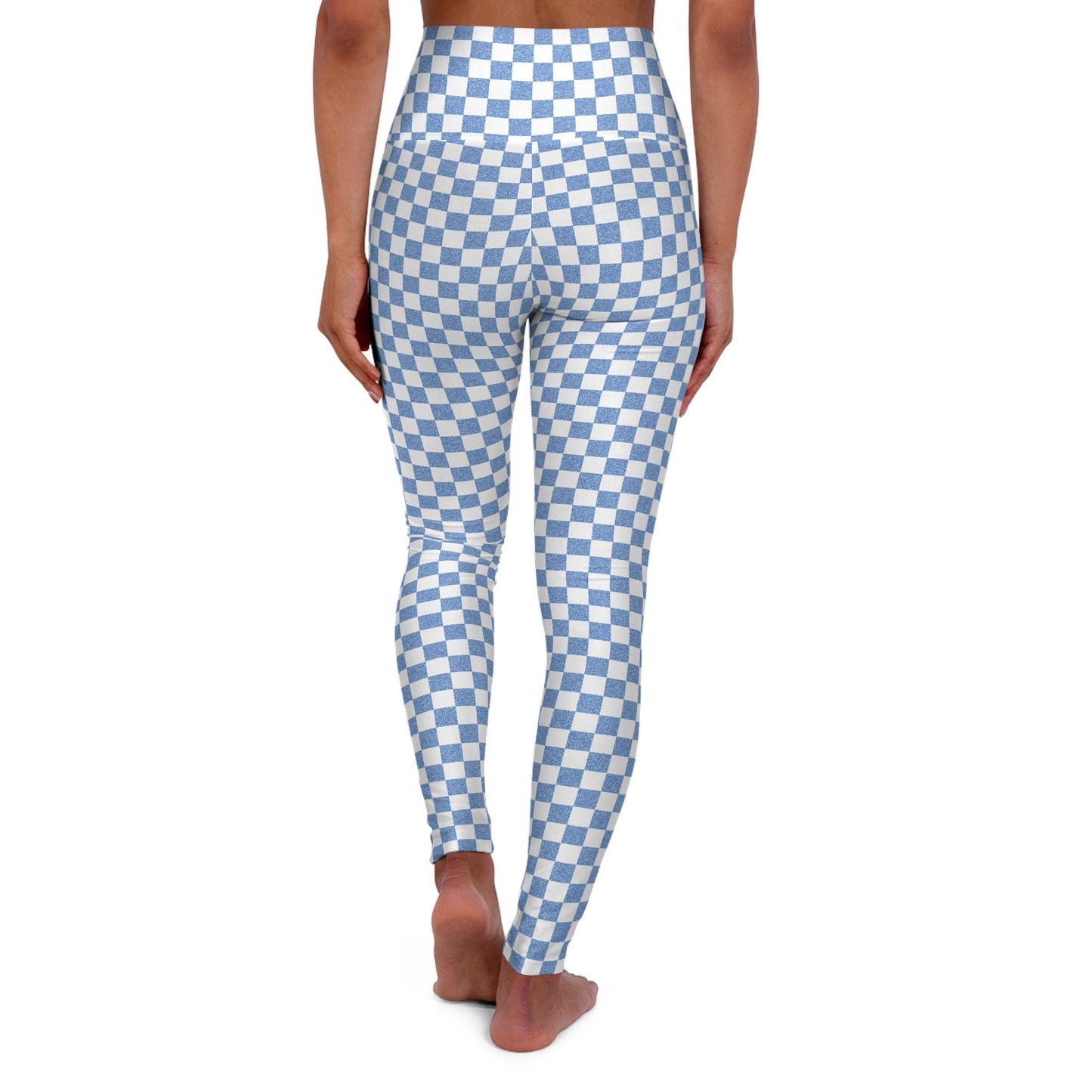 High Waisted Blue Checkered Yoga Leggings: Athletic Style