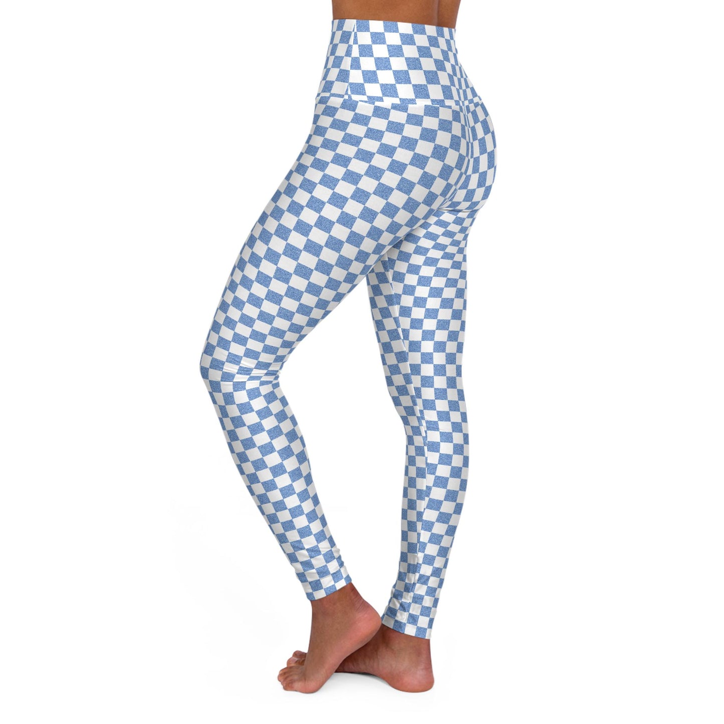 High Waisted Blue Checkered Yoga Leggings: Athletic Style