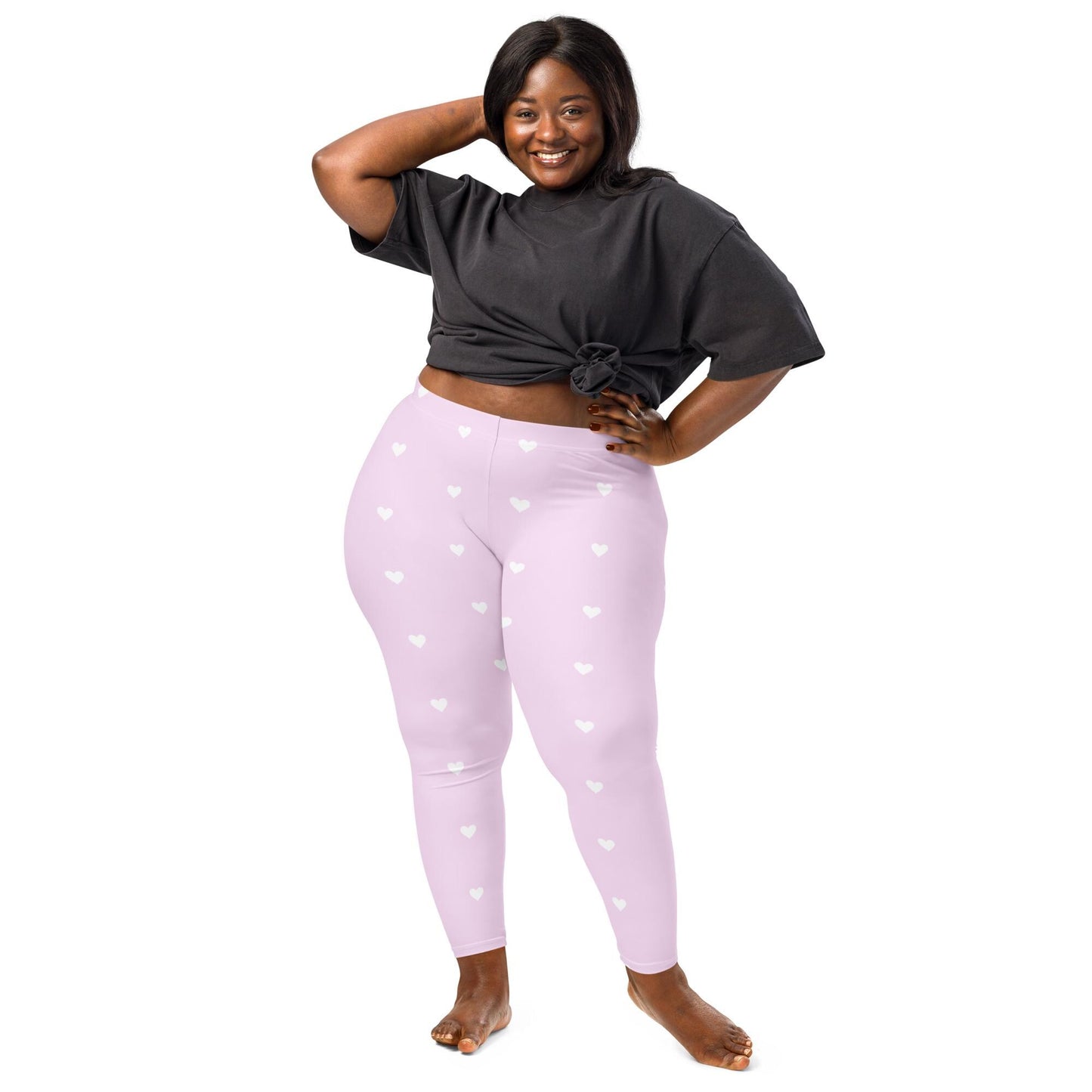Pink Yoga Leggings: White Heart Design, Four-Way Stretch