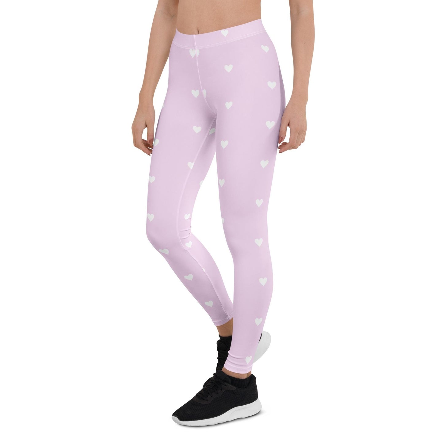 Pink Yoga Leggings: White Heart Design, Four-Way Stretch