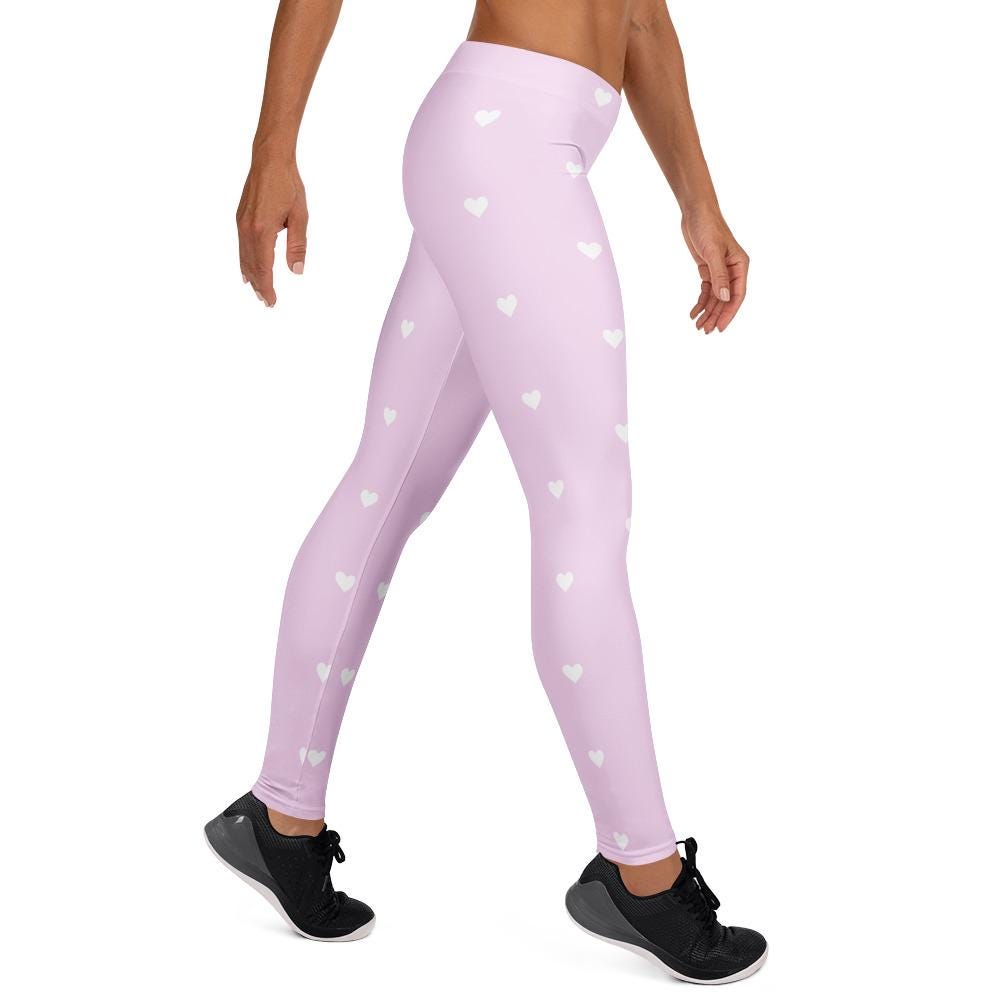 Pink Yoga Leggings: White Heart Design, Four-Way Stretch