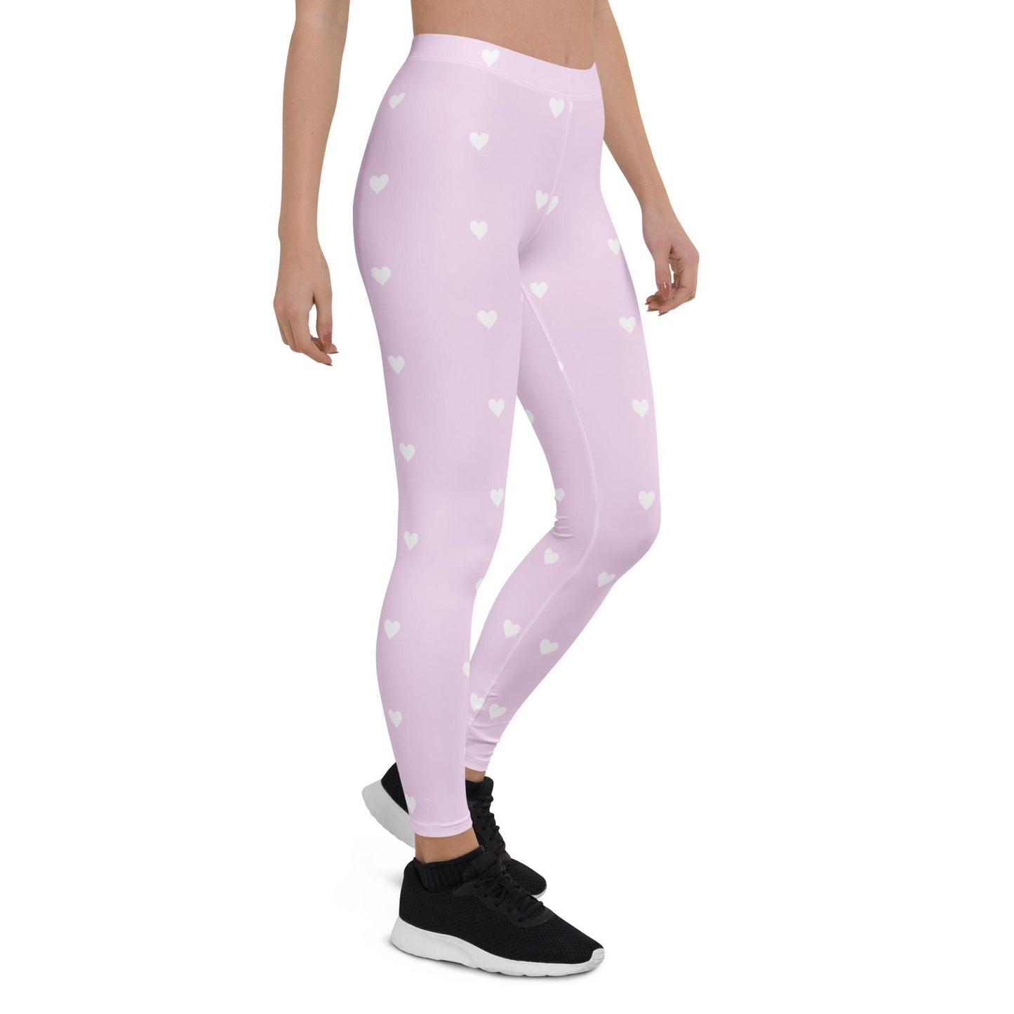 Pink Yoga Leggings: White Heart Design, Four-Way Stretch