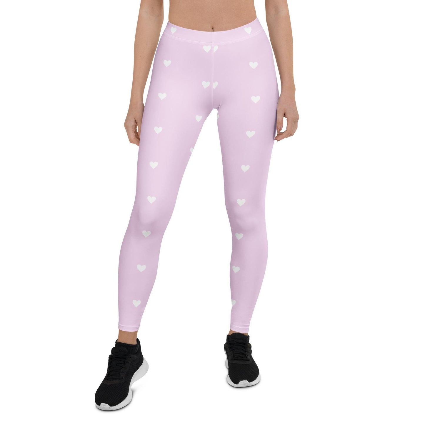 Pink Yoga Leggings: White Heart Design, Four-Way Stretch