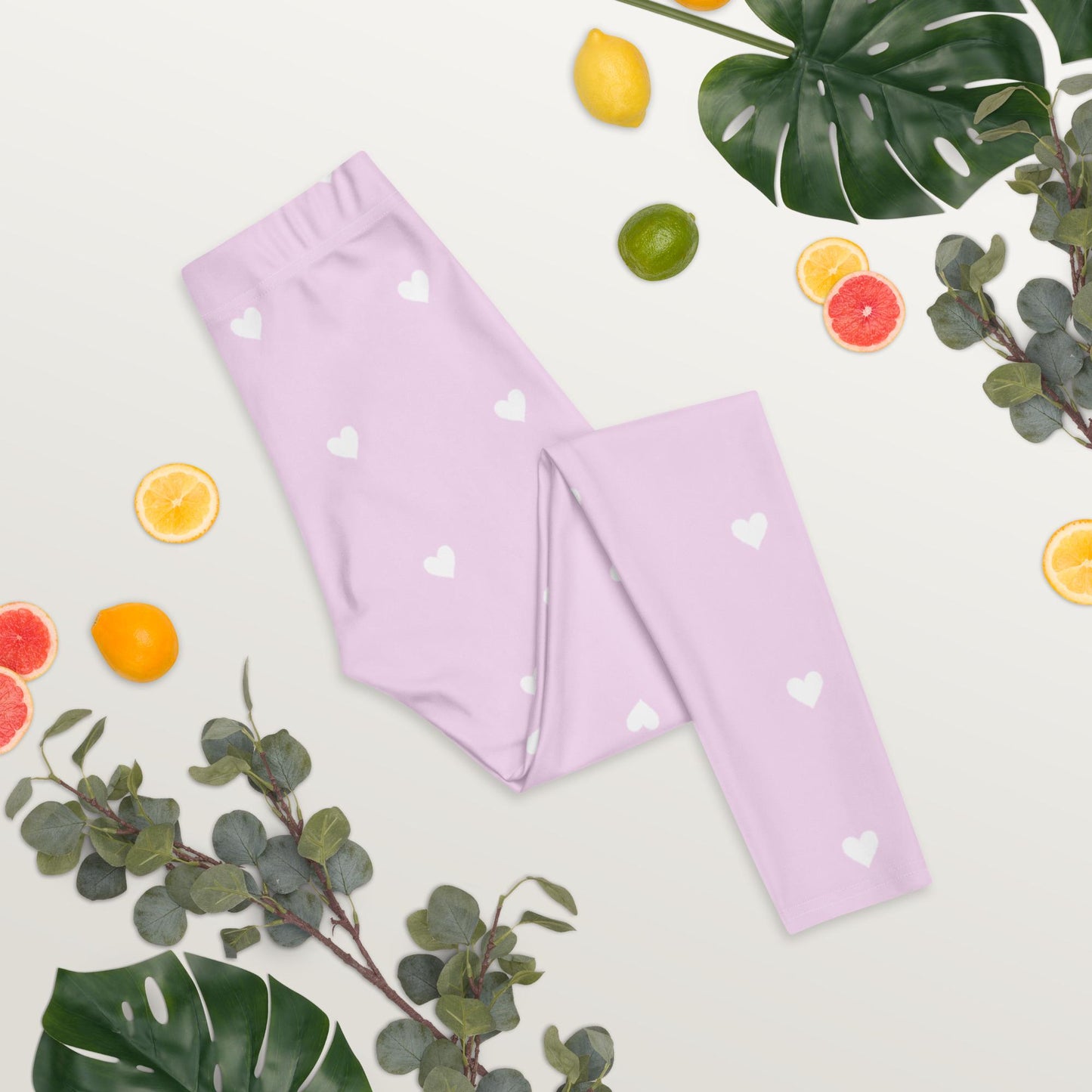 Pink Yoga Leggings: White Heart Design, Four-Way Stretch