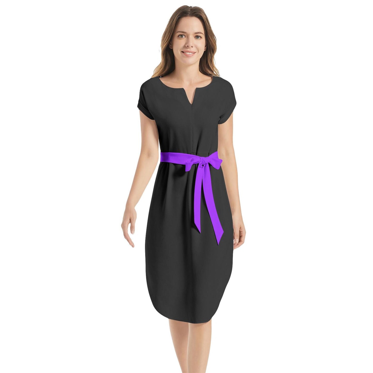 Notched Neck Belted Dress