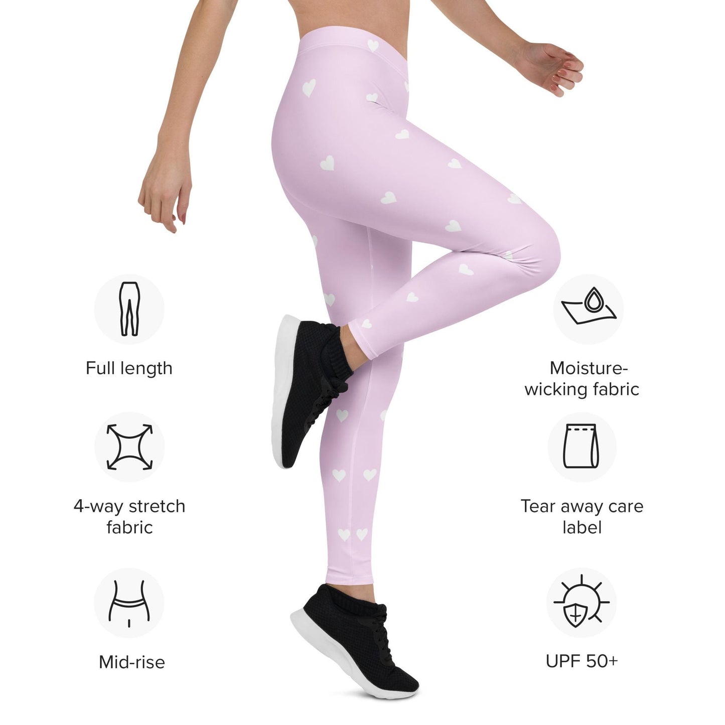 Pink Yoga Leggings: White Heart Design, Four-Way Stretch