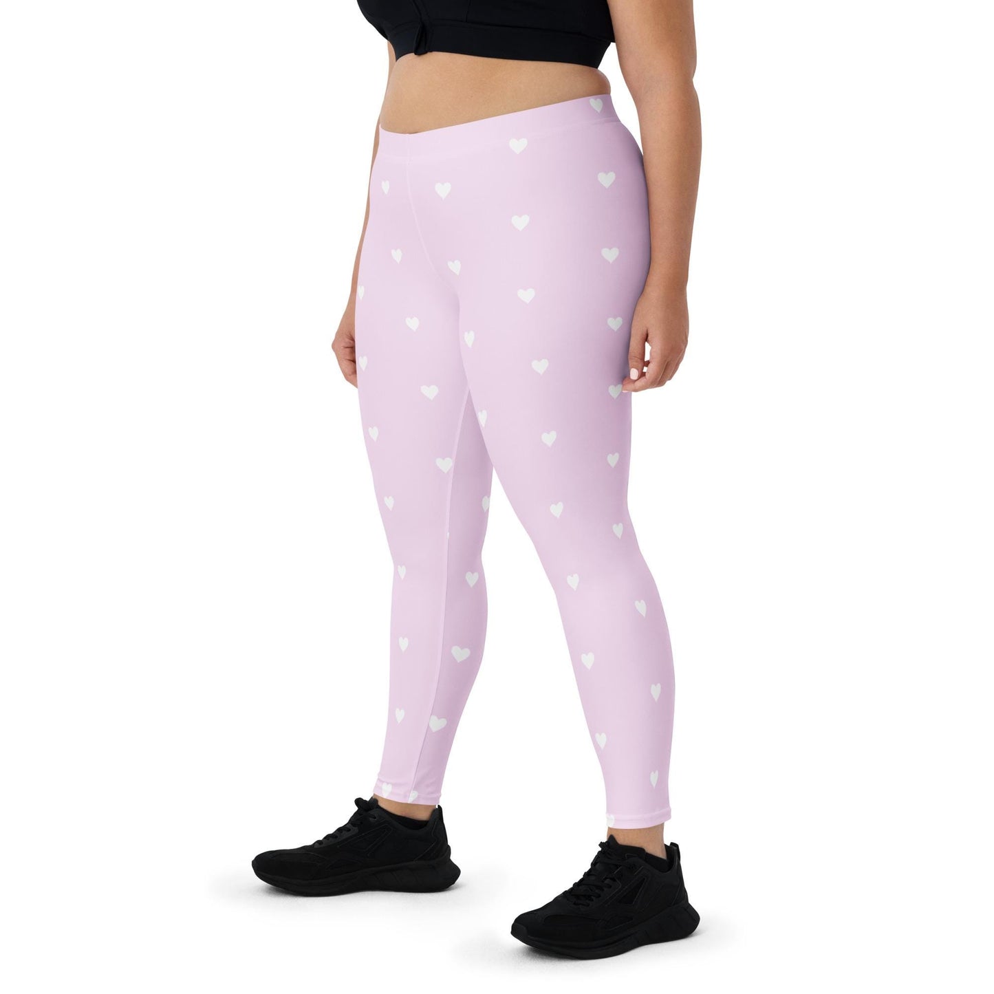 Pink Yoga Leggings: White Heart Design, Four-Way Stretch