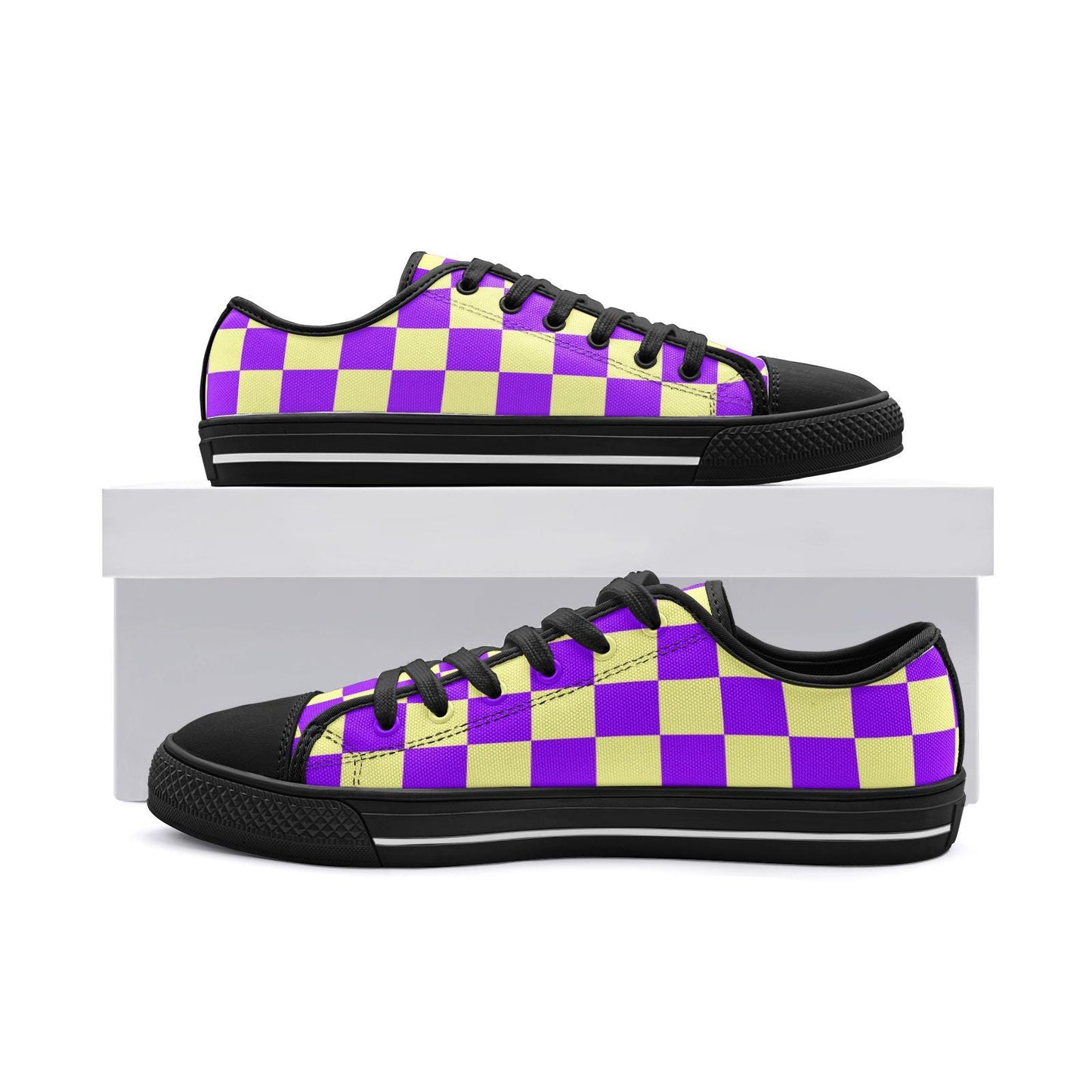 Purple Checkered Canvas Sneakers: Unisex Low Top Shoes