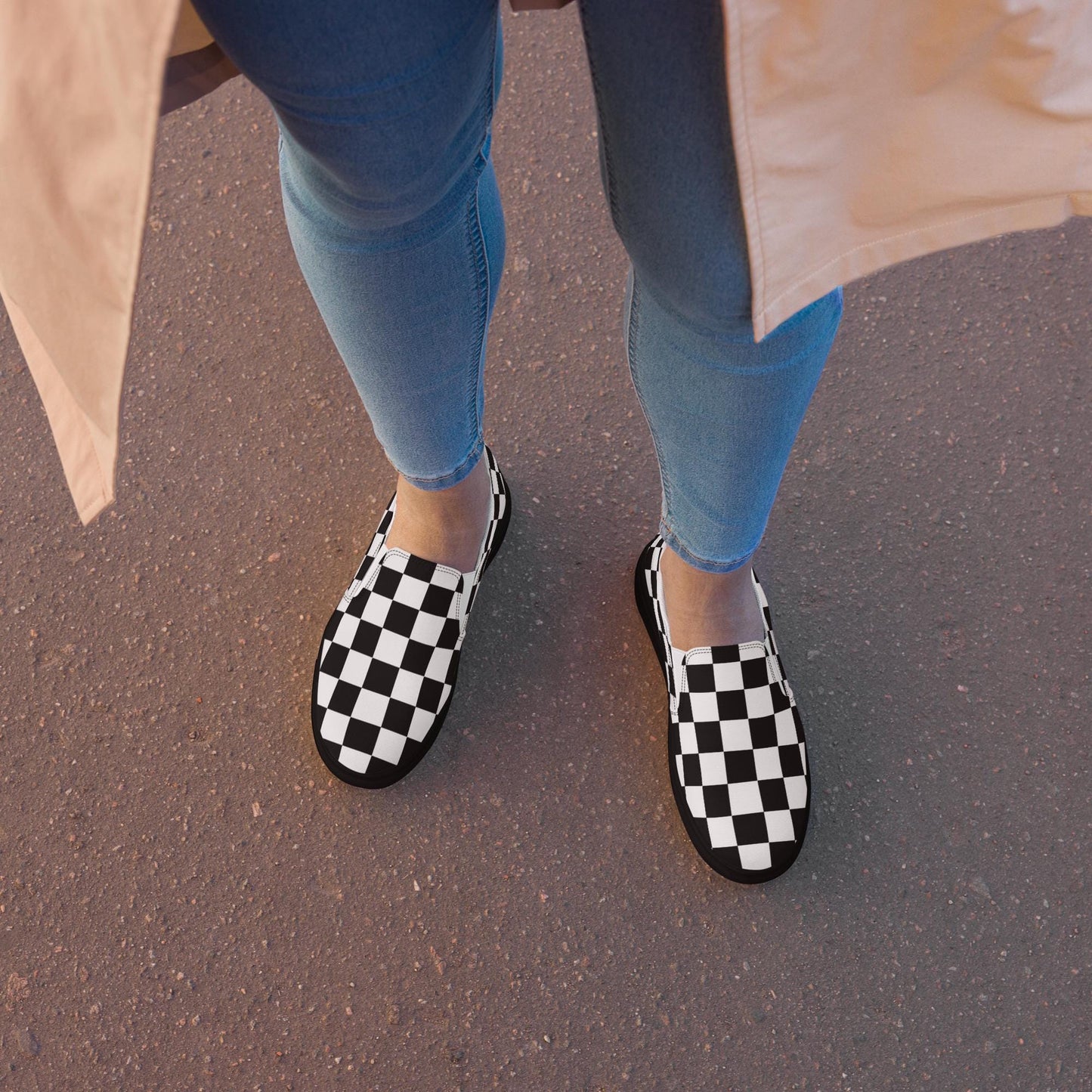 Womens black checkered sneakers Womens slip-on canvas shoes
