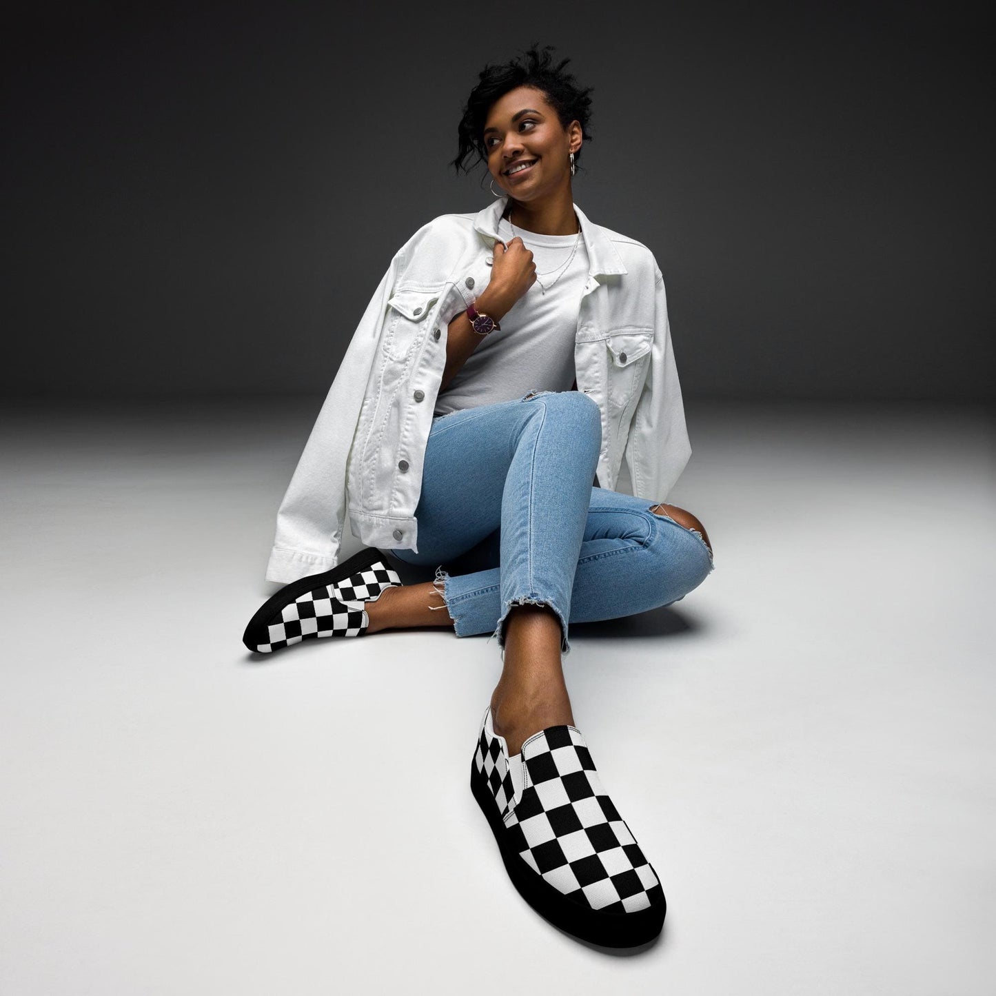 Womens black checkered sneakers Womens slip-on canvas shoes