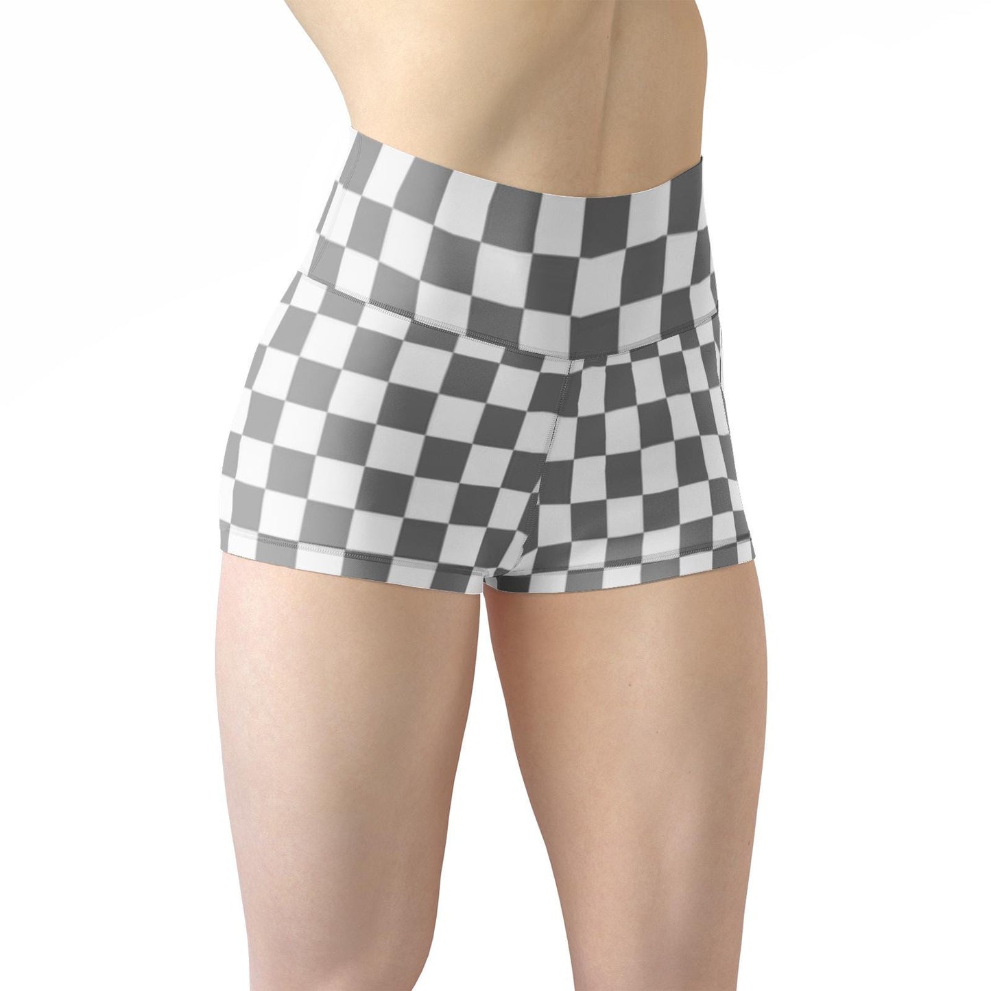 Gray Checkered Yoga Shorts: Women's High-Waisted Activewear