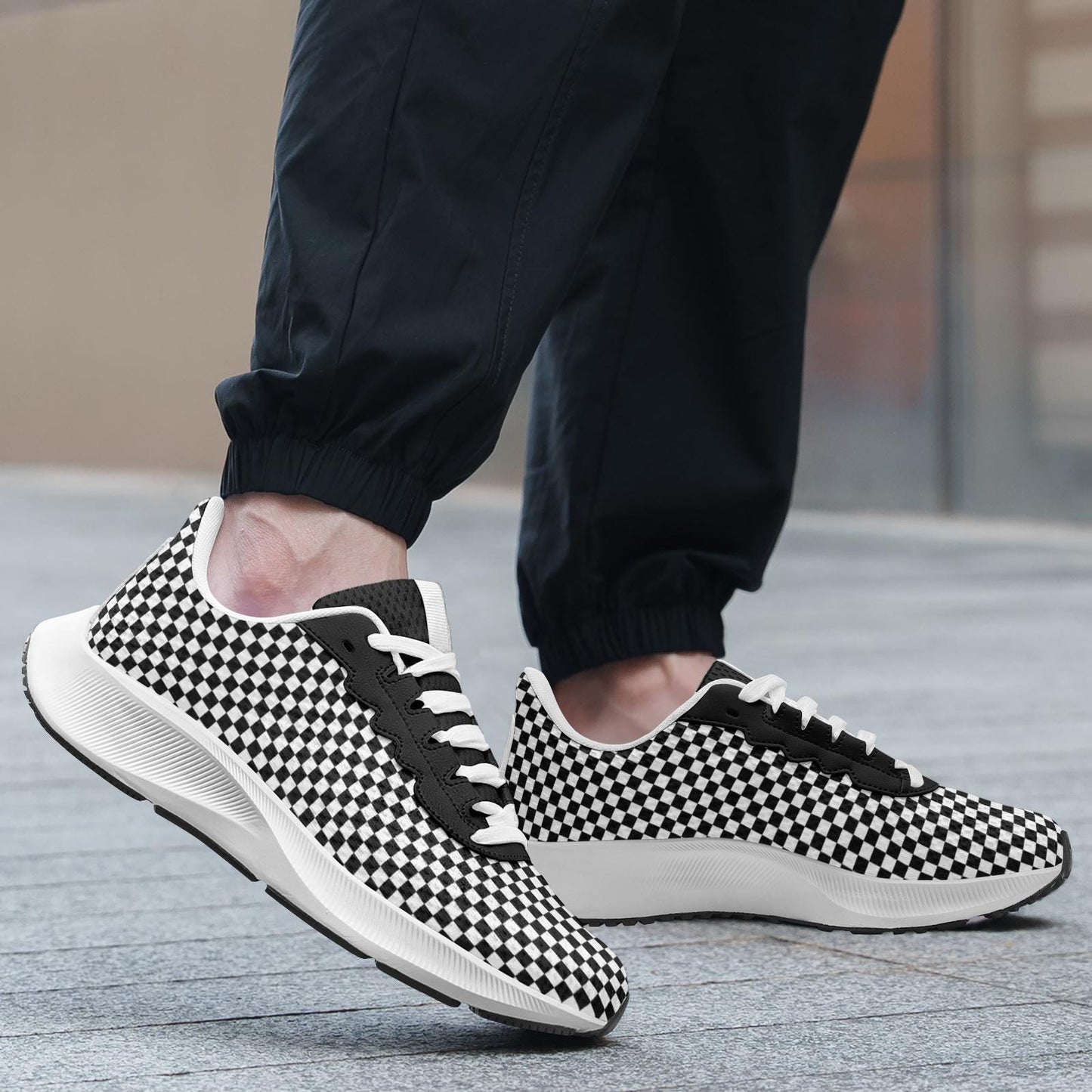 Black Checkered Sneakers Unisex Mesh Tech Performance Black Running Shoes