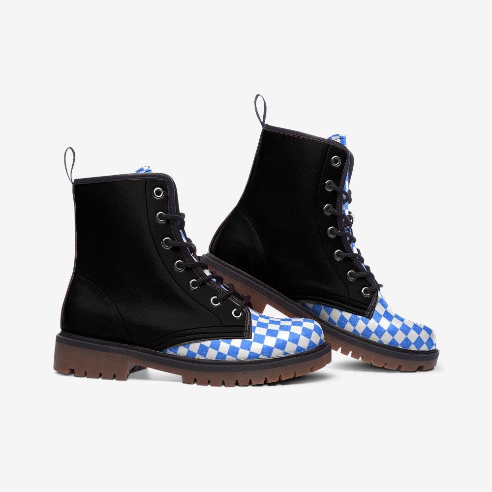 Black Boots with Blue Checkered Pattern Casual Leather Lightweight boots MT