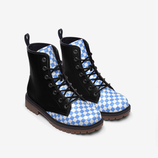 Black Boots with Blue Checkered Pattern Casual Leather Lightweight boots MT