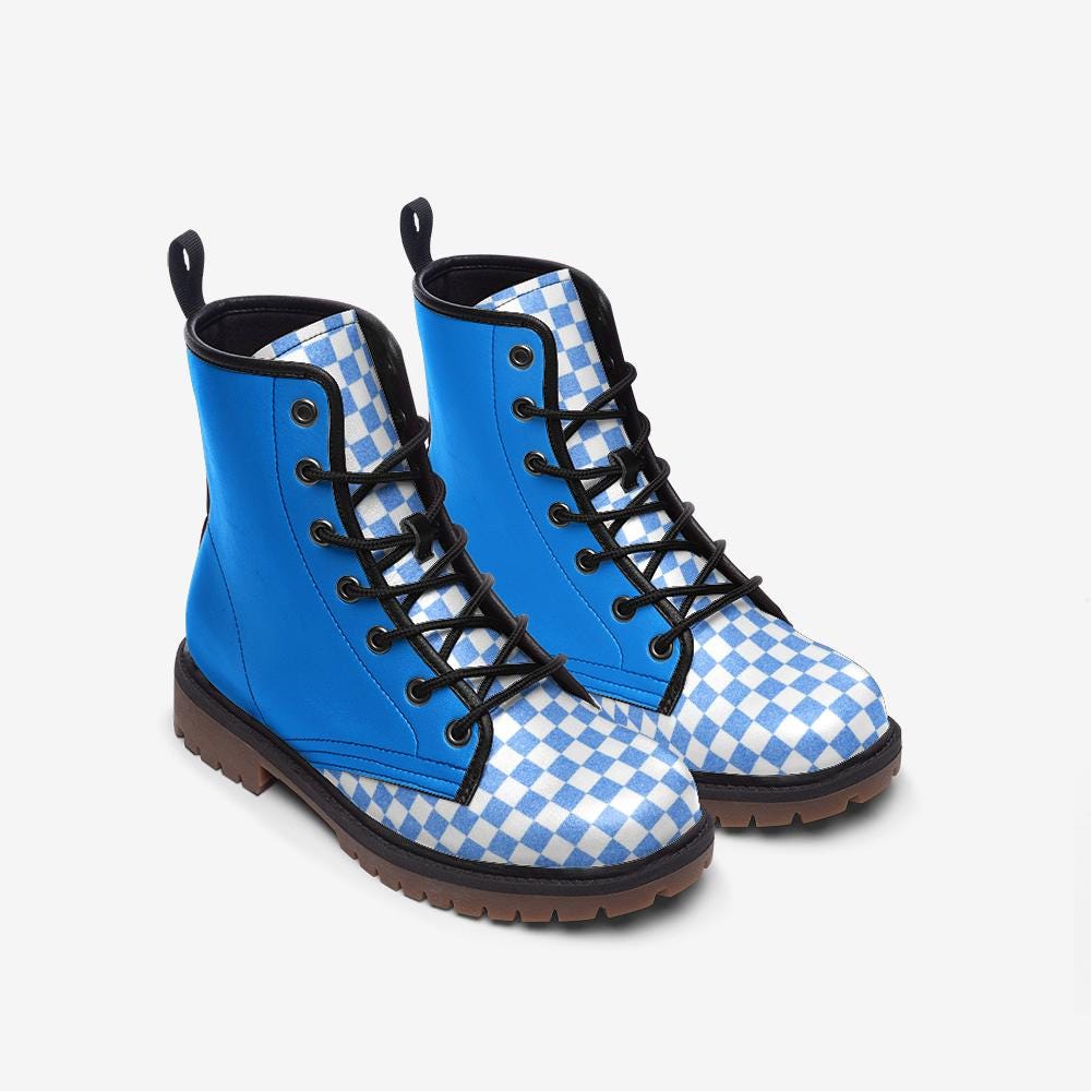 Blue Checkered Boots: Lightweight Faux Leather Casual Boots