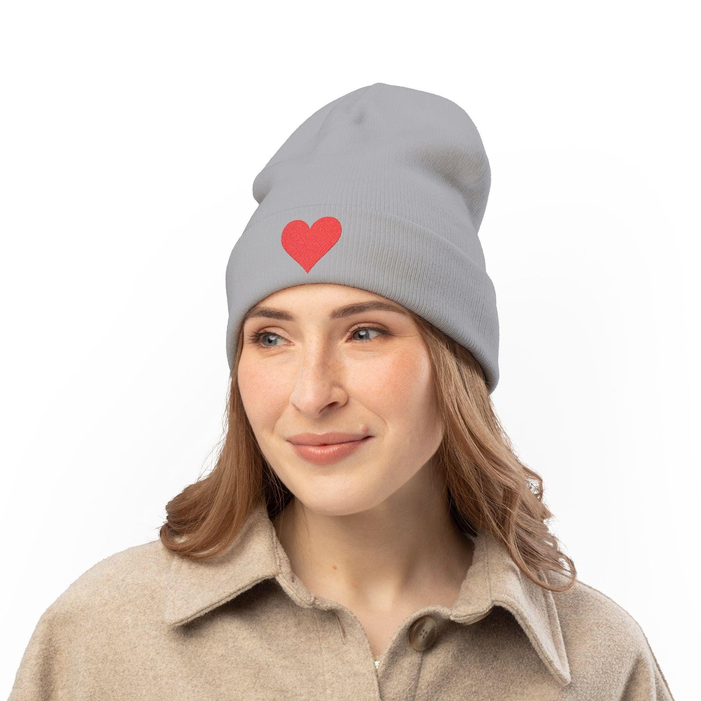 Heart Embroidered Knit Beanie: Cozy Winter Hat - Cotton Blend
