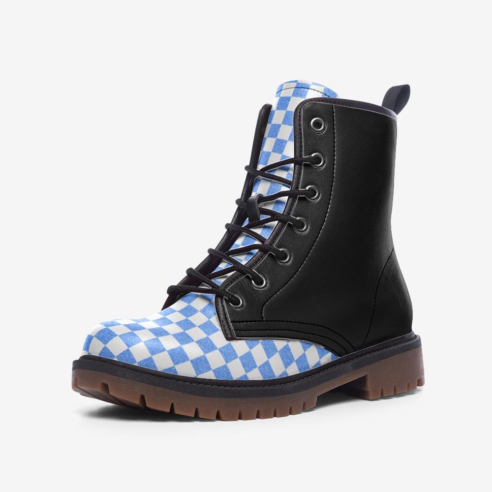 Black Boots with Blue Checkered Pattern Casual Leather Lightweight boots MT