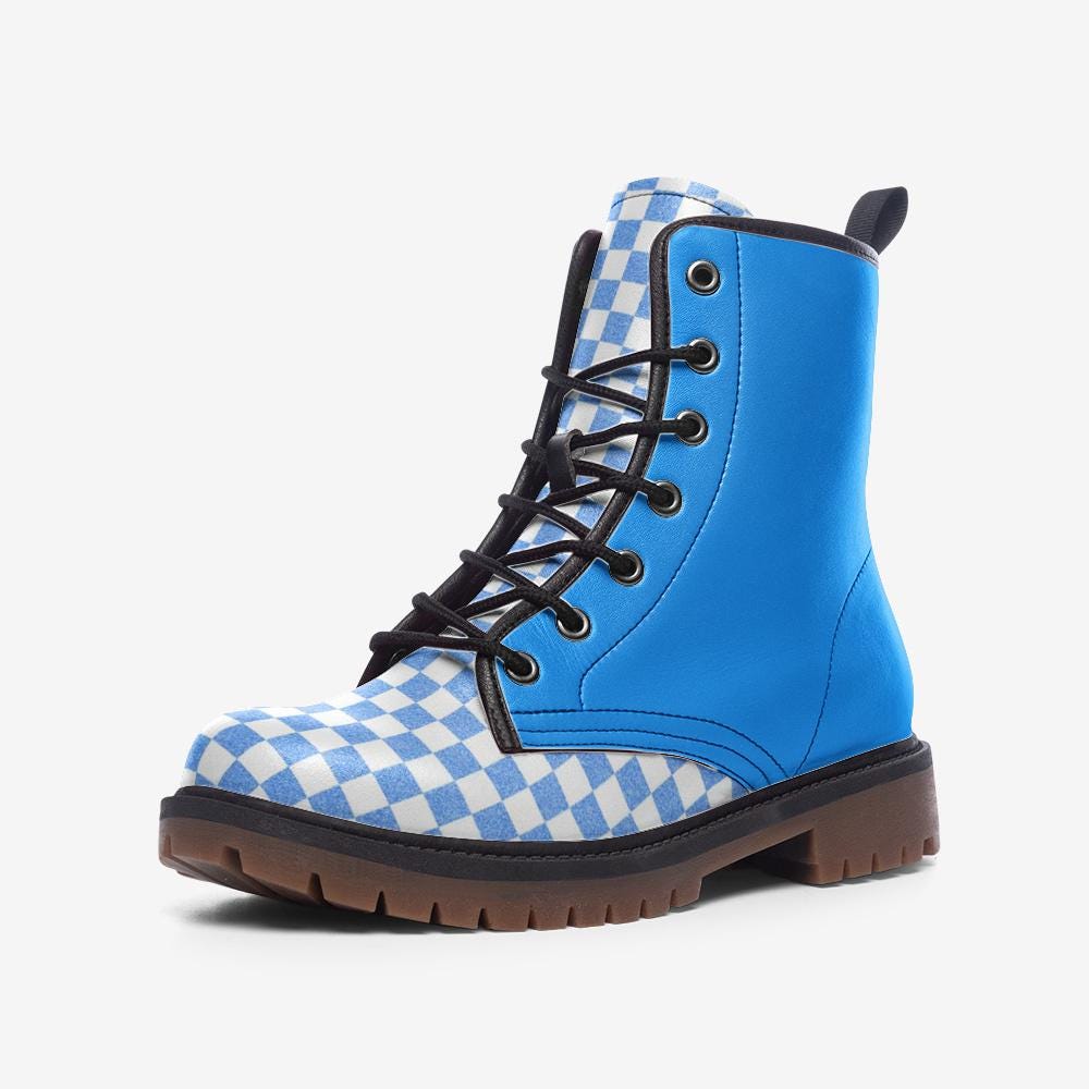 Blue Checkered Boots: Lightweight Faux Leather Casual Boots